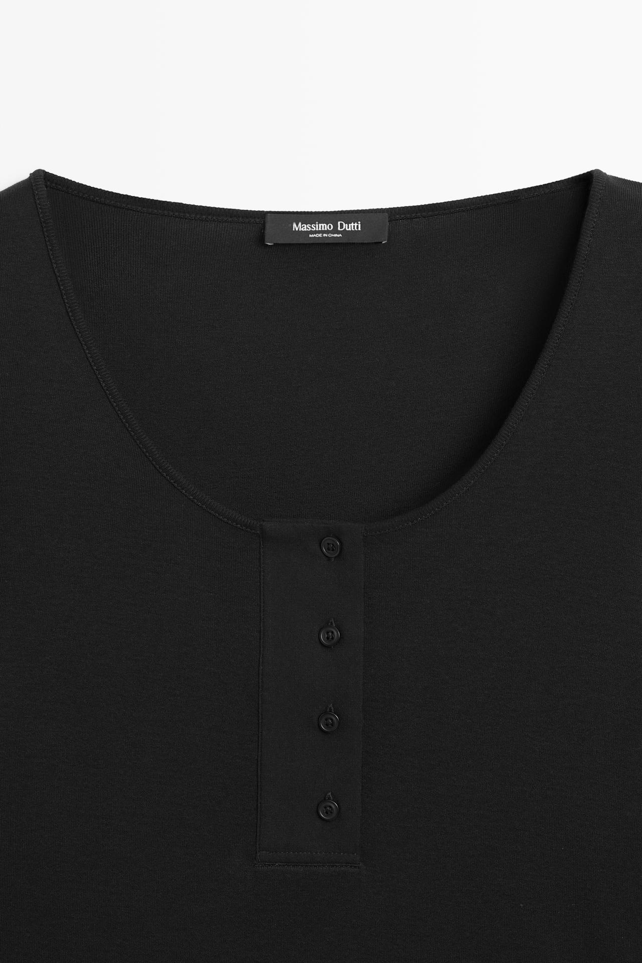 100% cotton button-placket T-shirt — BLACK