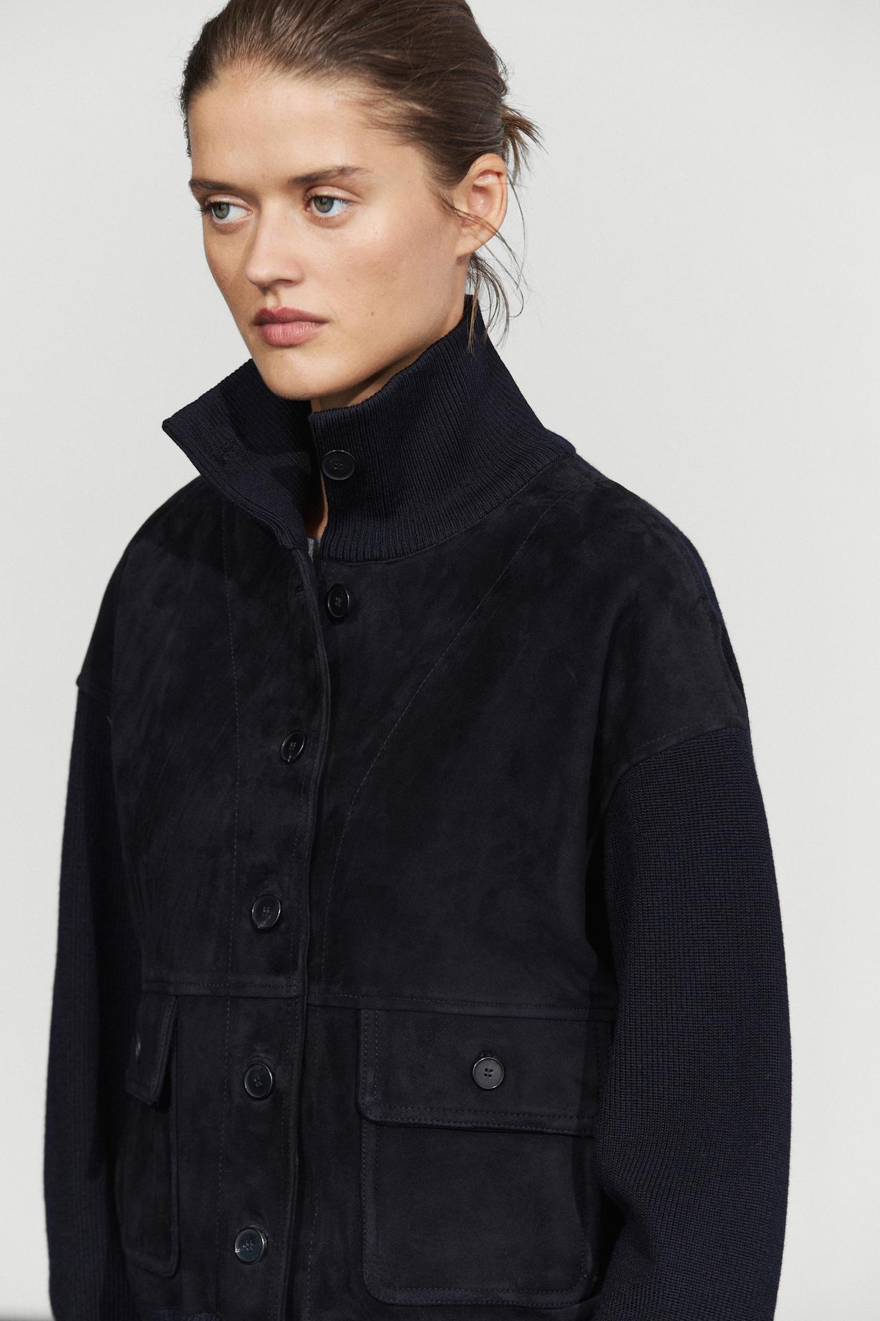 Contrast Suede leather jacket — NAVY BLUE