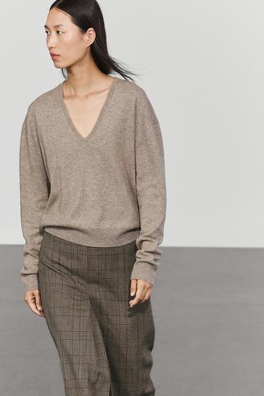 Wool blend knit V-neck sweater — MINK 5