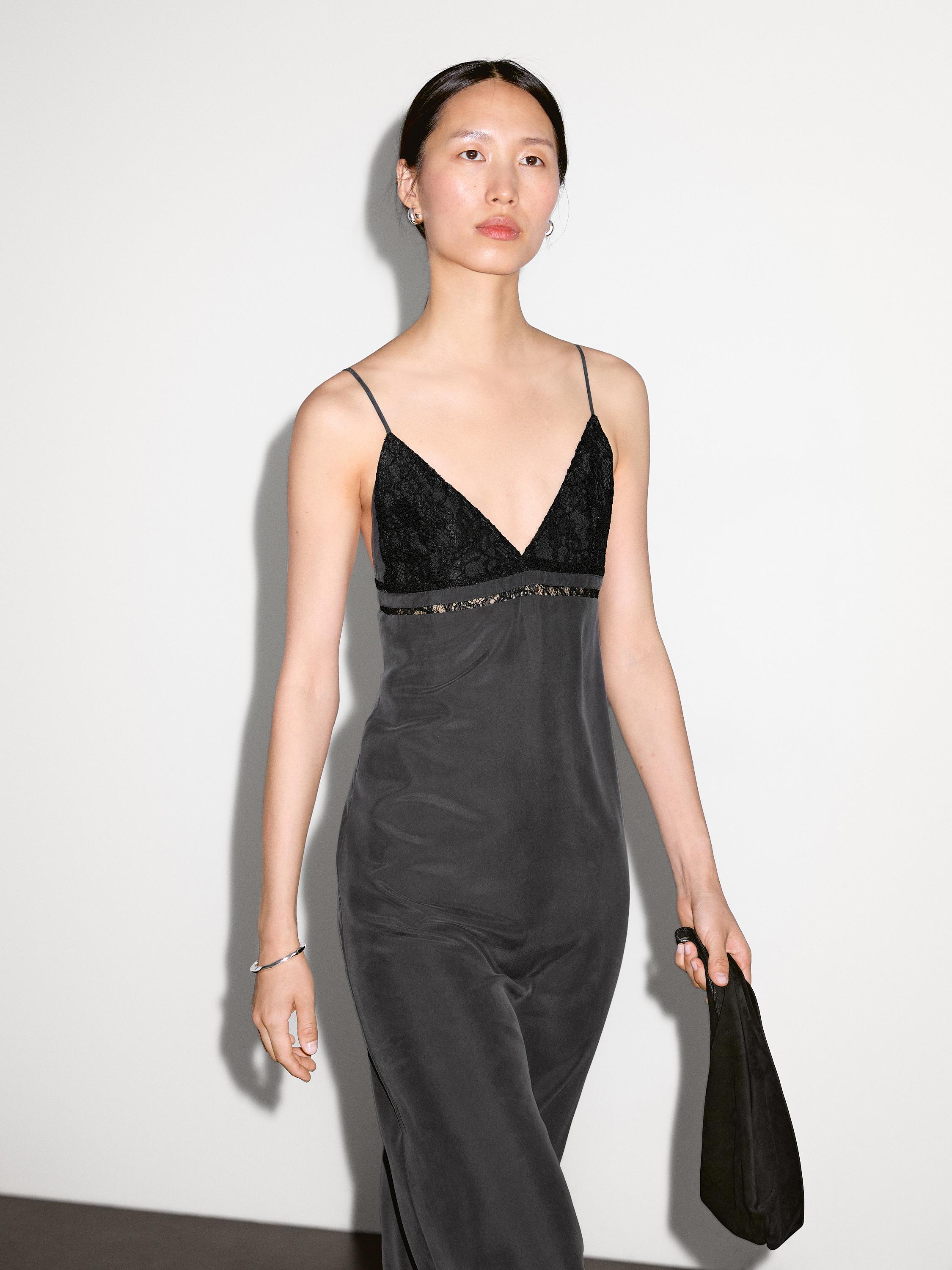 【Massimo Dutti】100% silk midi dress with lace detail 100% silk midi dress with lace detail · Grey · Smart