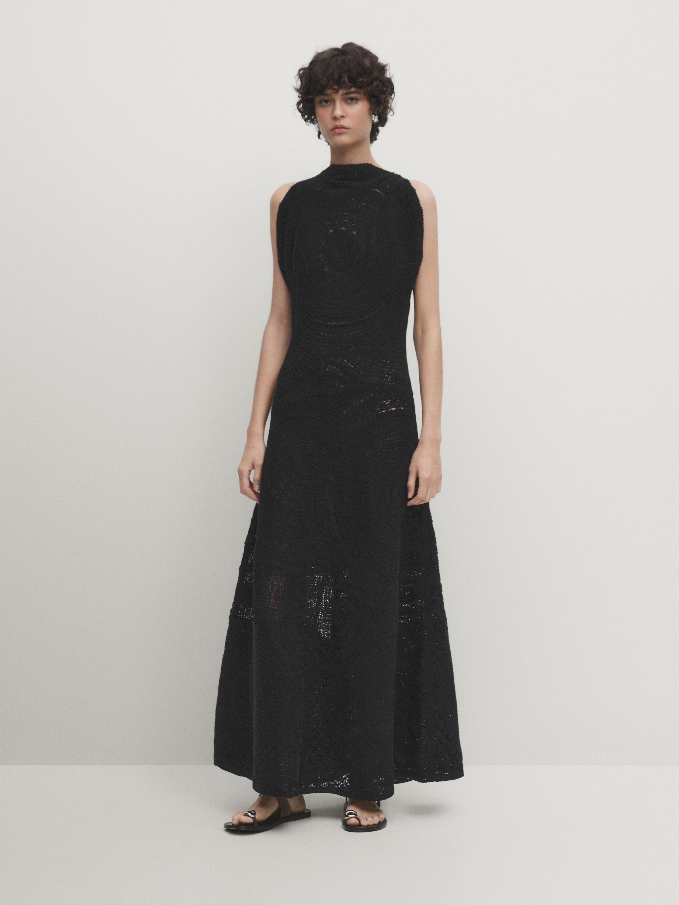 Crochet midi dress with embroidery Black Smart Dresses And Jumpsuits Massimo Dutti