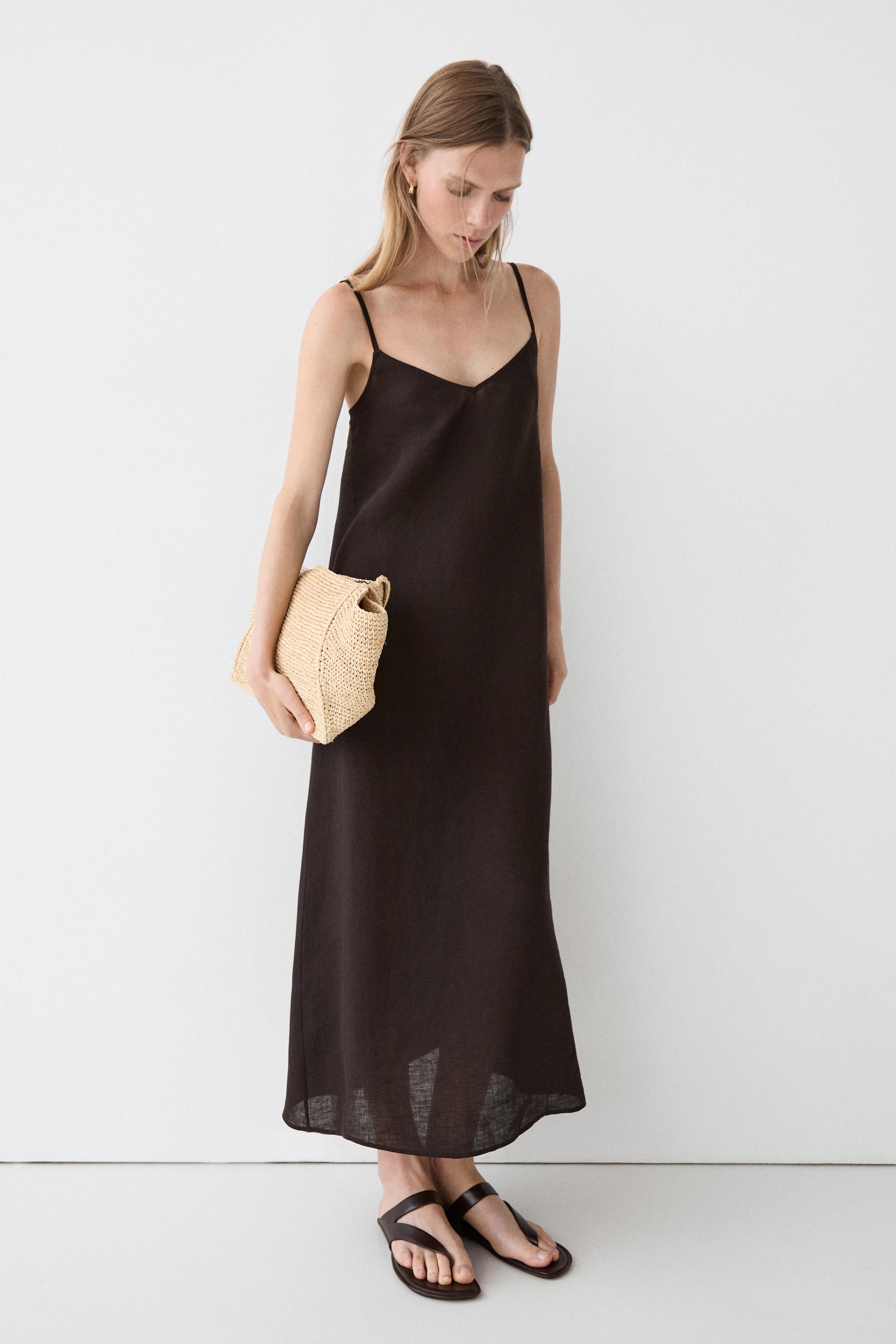 Linen blend crossover dress — BROWN