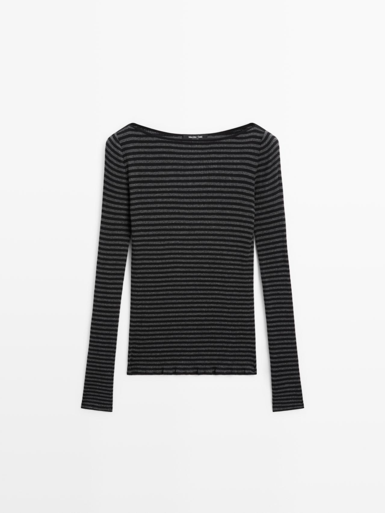 Massimo Dutti - Dame - Stribet T-Shirt Med Lange Ærmer - Sort - Xs