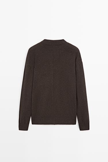 Mock-neck knit cardigan with button detail — BROWN 6