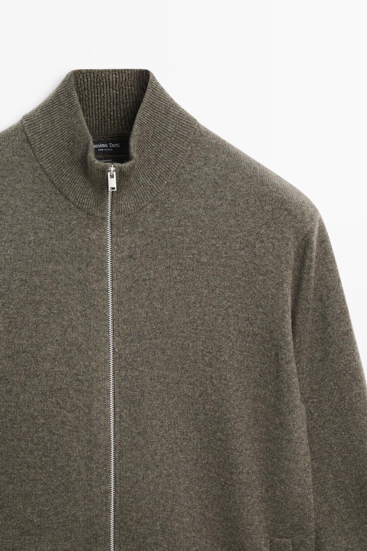 100% cashmere zip-up knit cardigan — GREENISH