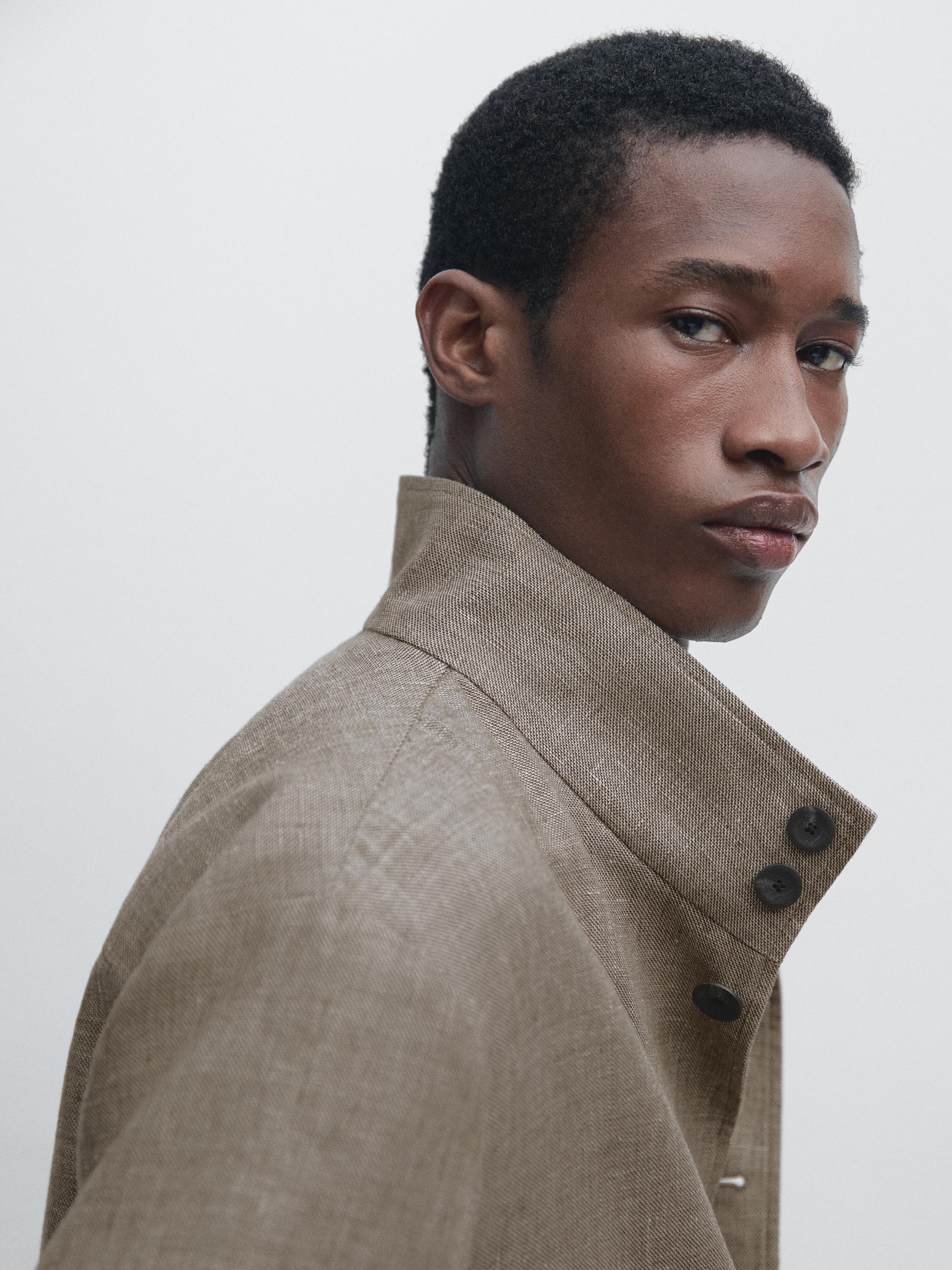 Linen blend bomber jacket with collar detail — BEIGE MARL
