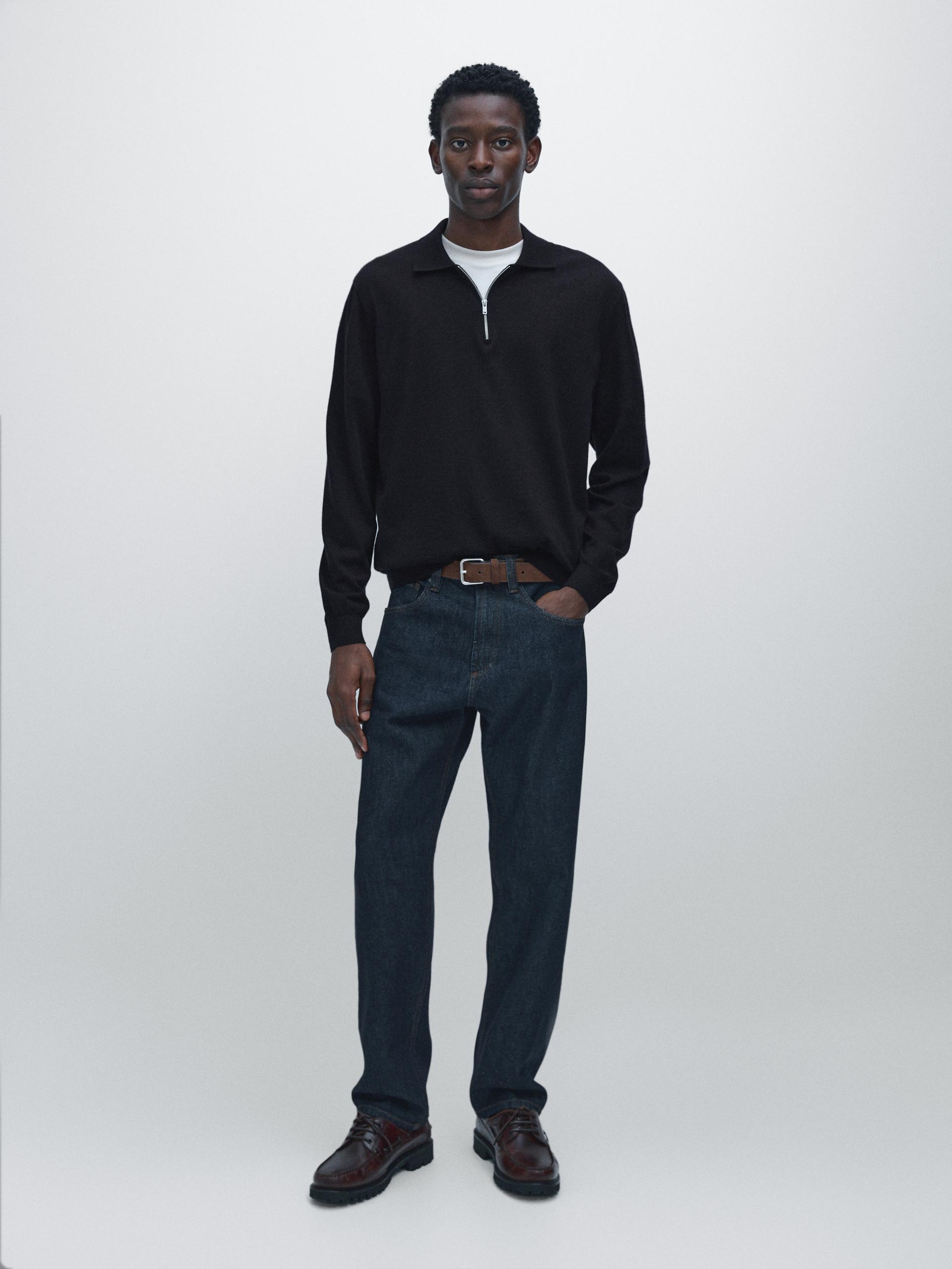 Pull Polo En Maille De Laine Mérinos - Bleu Marine - M - Massimo Dutti - Homme