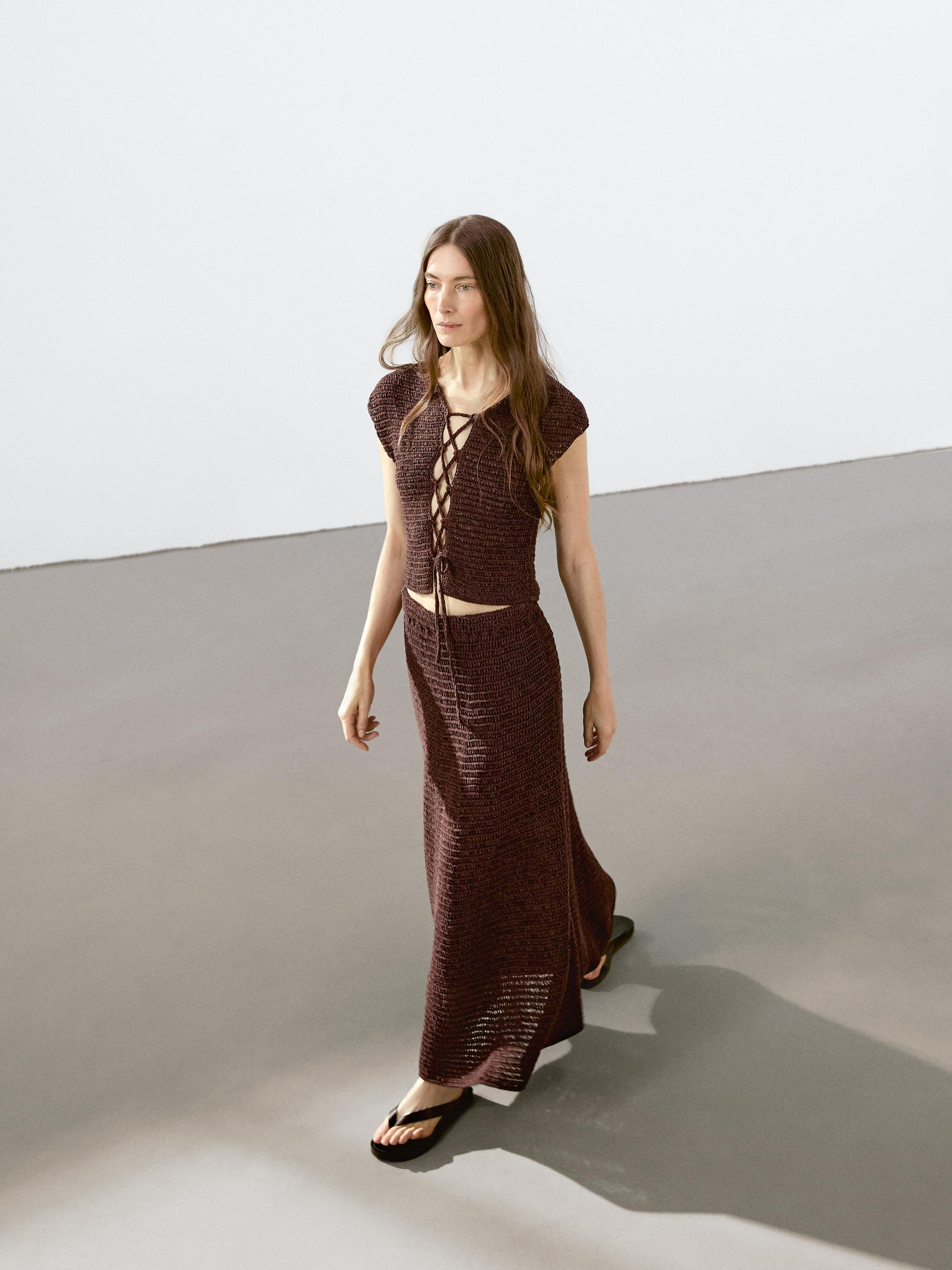 Cotton blend crochet midi skirt