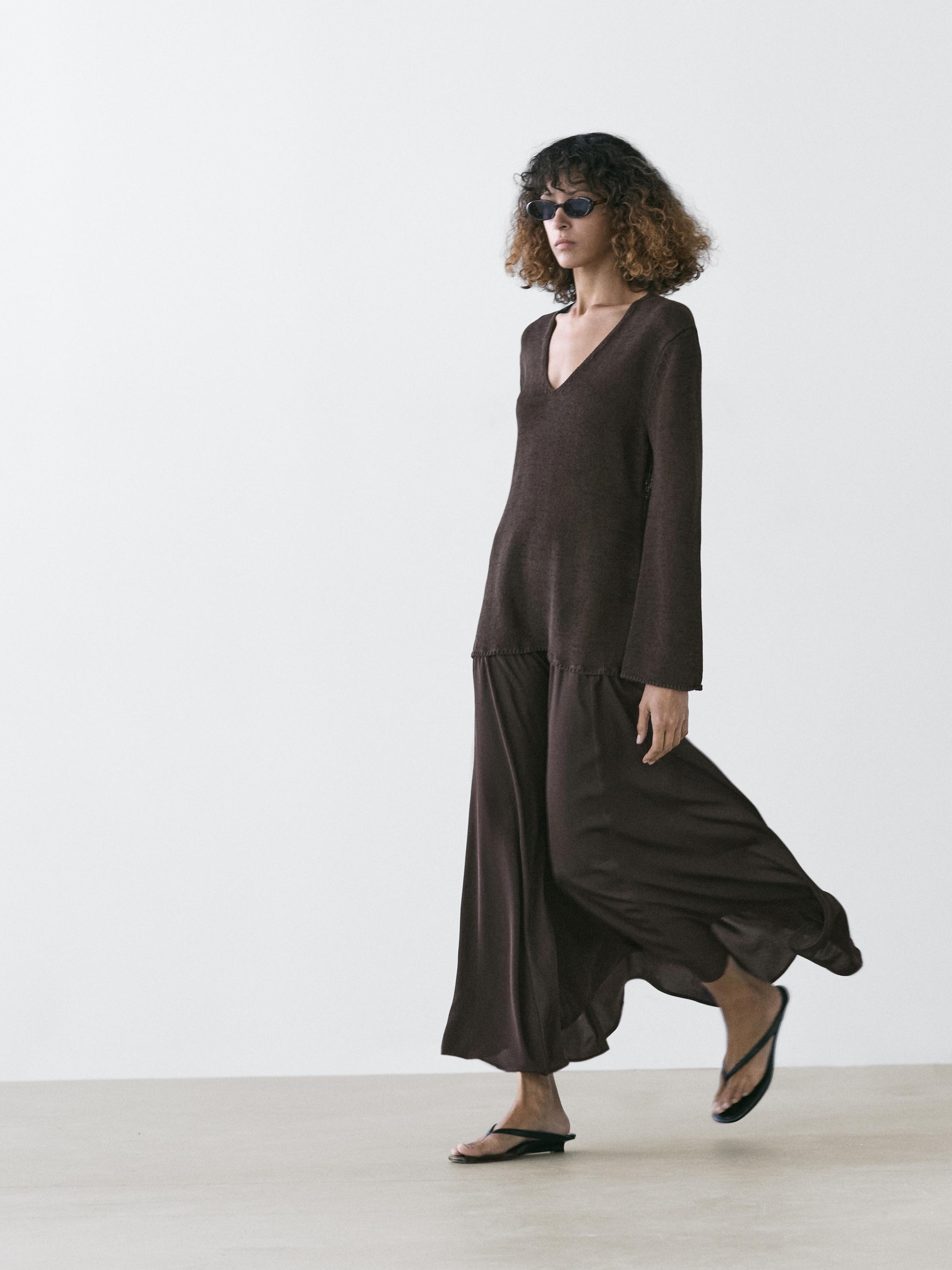 Contrast cotton blend knit dress — Reddish brown
