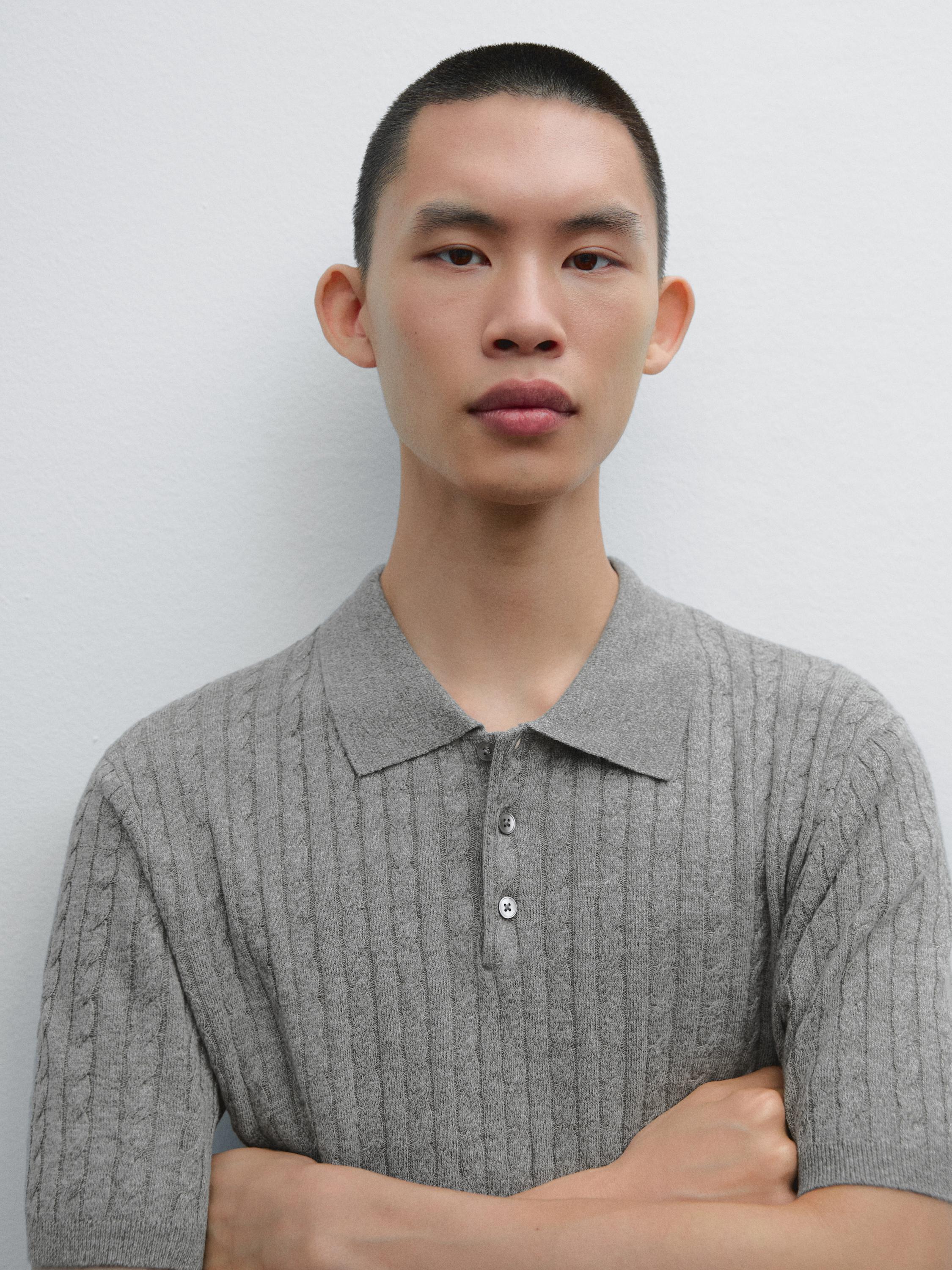 Cotton and linen blend knit polo sweater