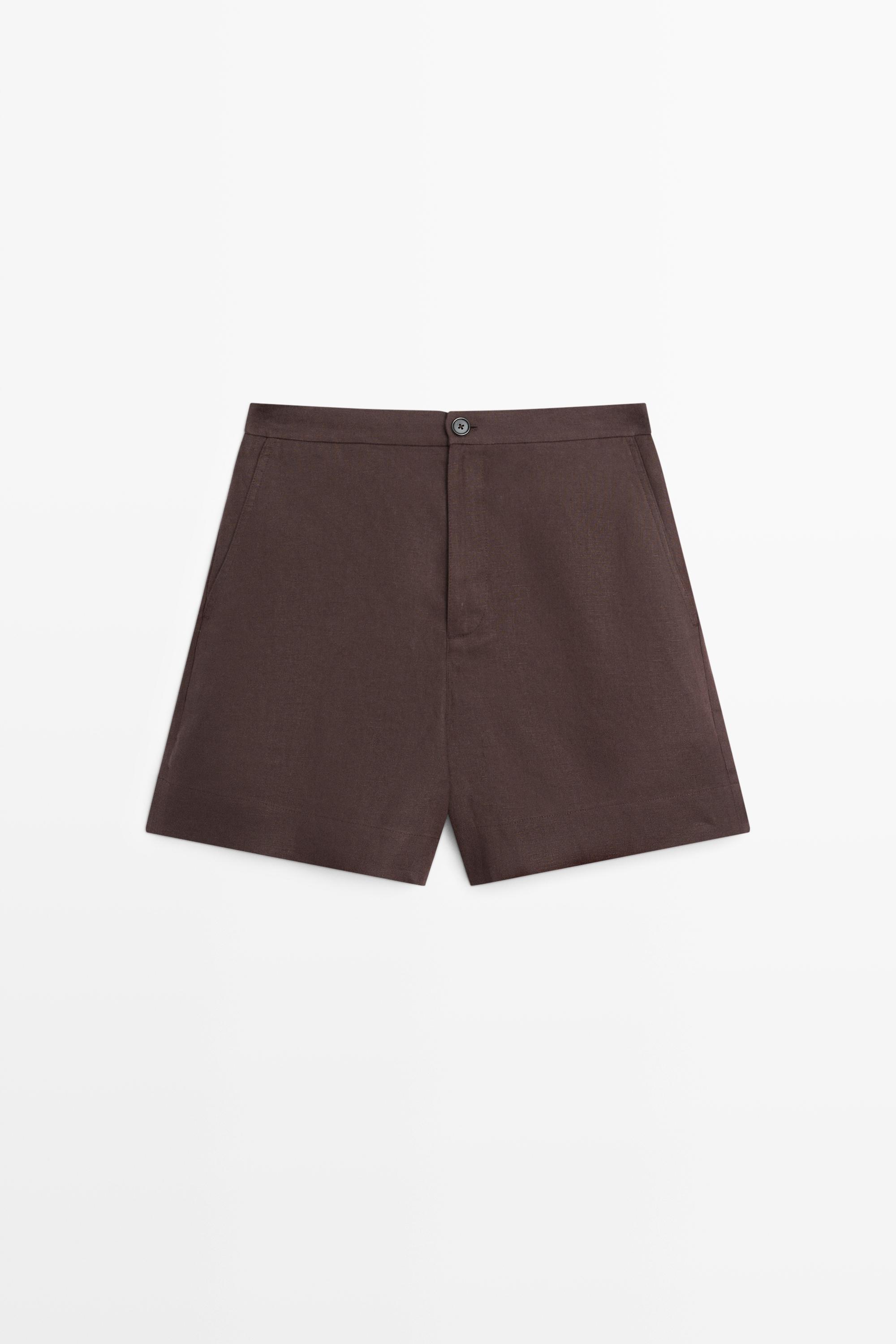 100% linen short Bermuda shorts — BROWN