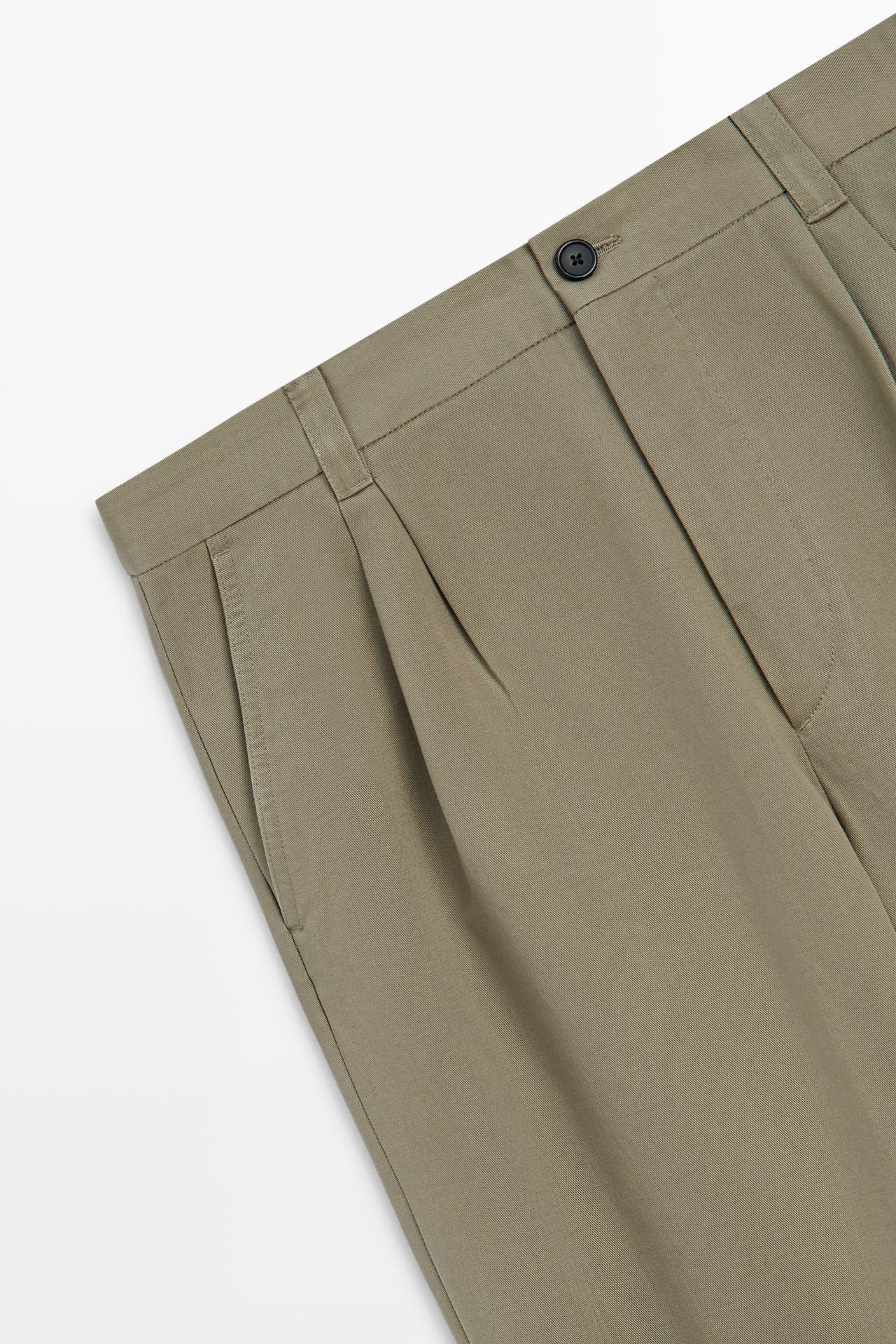 Pants with double pleats, 100% cotton — OLIVE