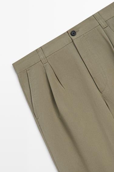 Pants with double pleats, 100% cotton — OLIVE 7