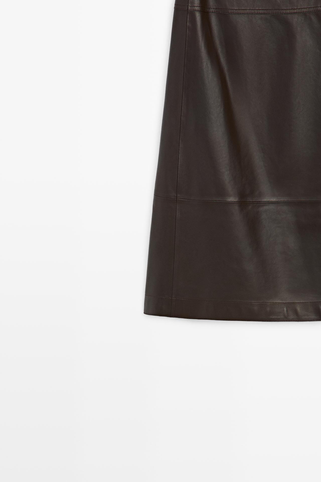 Nappa leather midi skirt with tie detail — BROWN