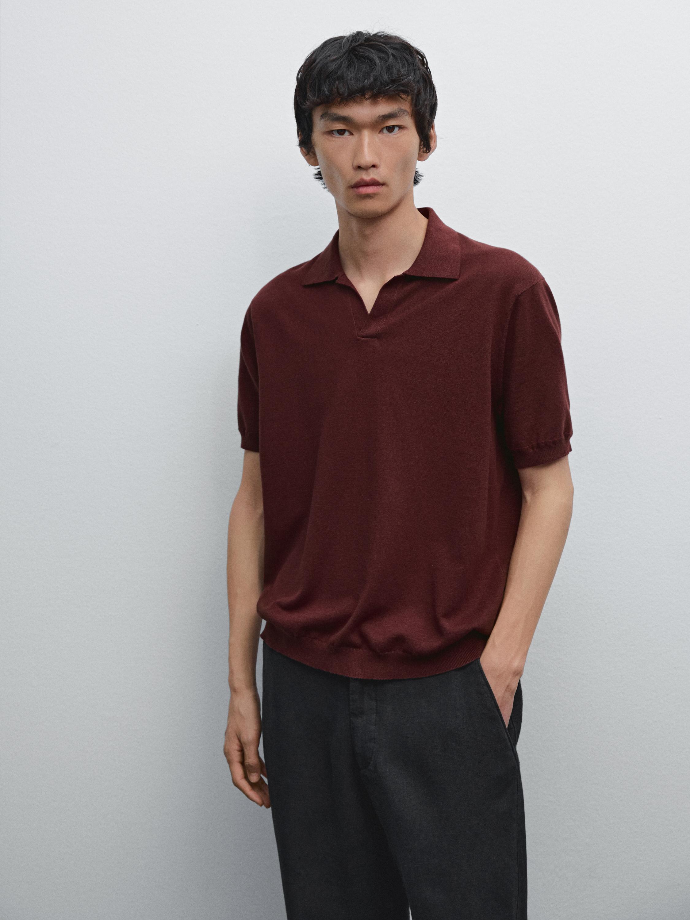 V-neck knitted polo shirt with linen