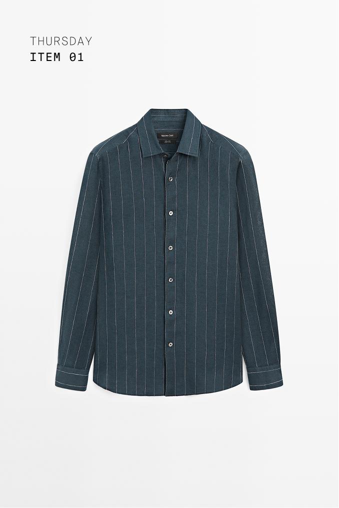 Regular fit striped 100% linen shirt — PETROL BLUE