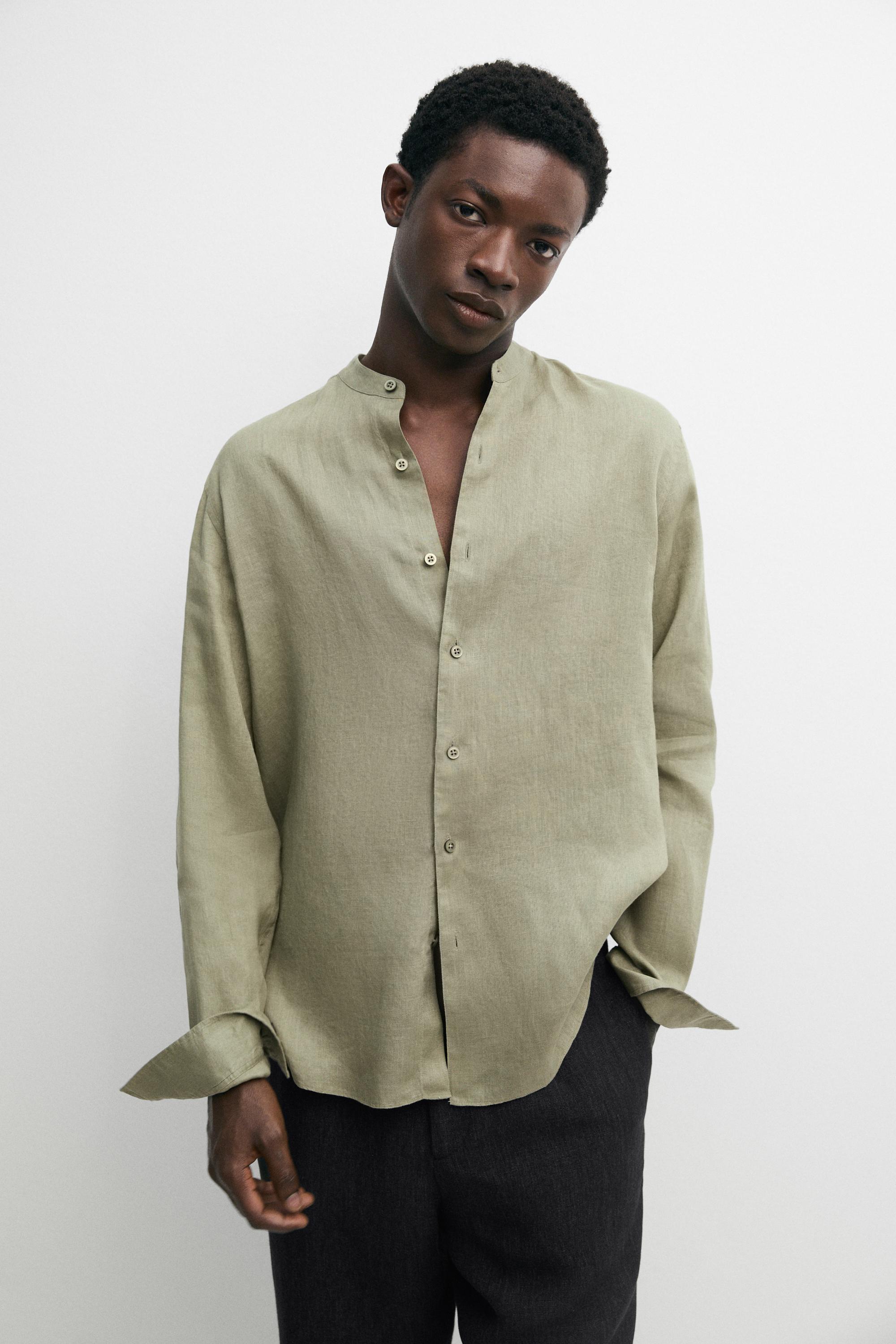 100% linen regular fit stand collar shirt — PALE GREEN