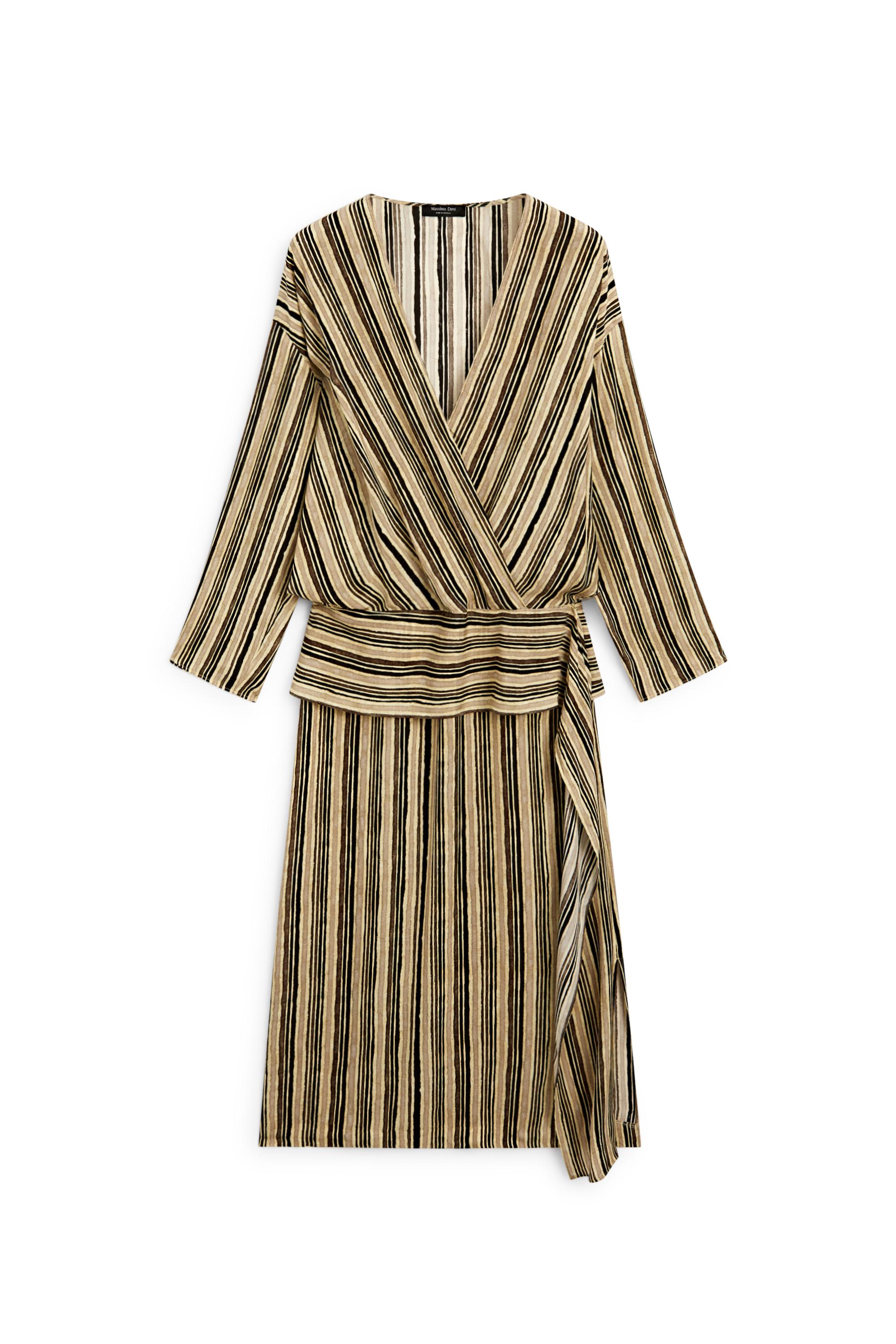 Striped midi dress with corset belt — Mustard