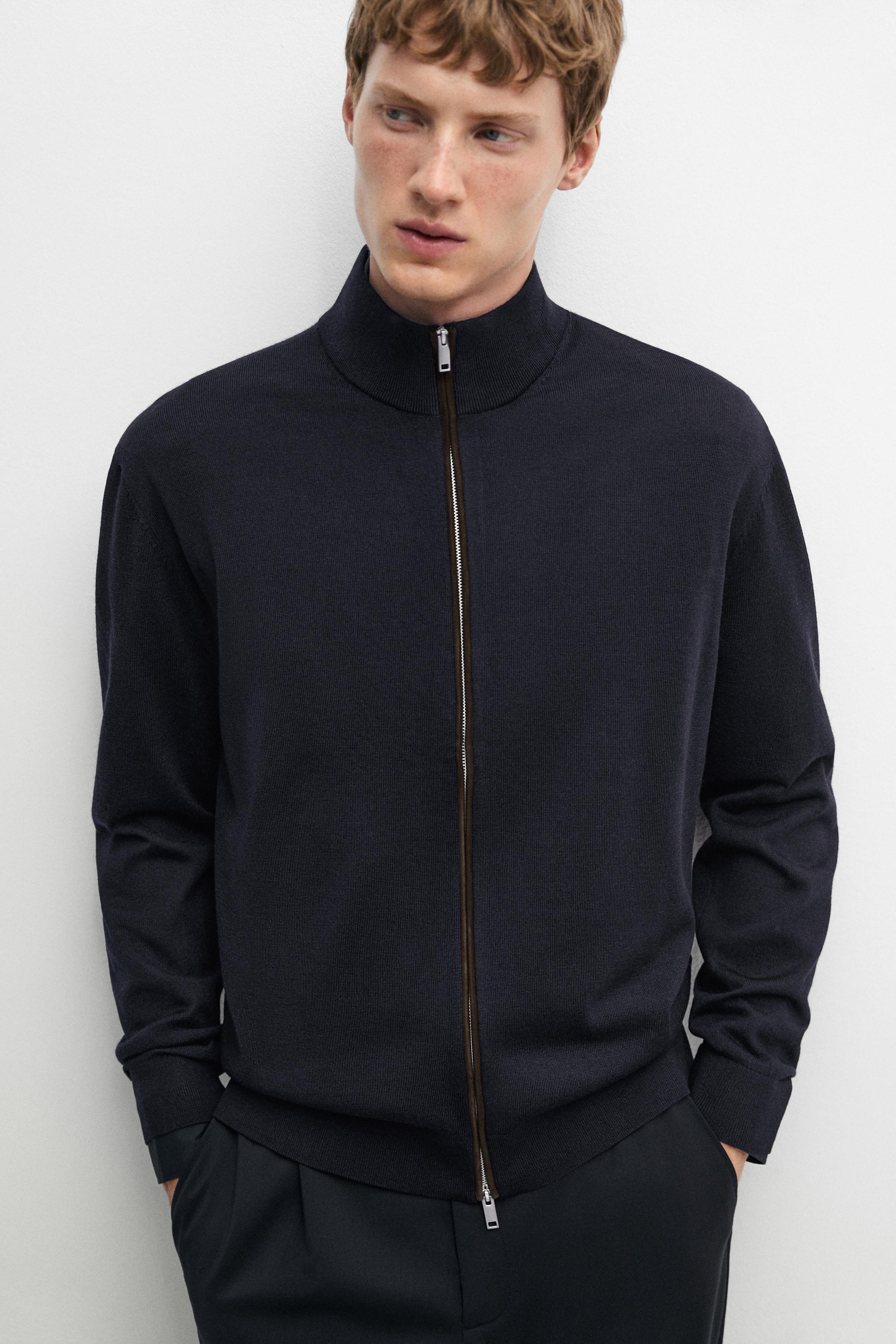 Merino wool blend zip-up knit cardigan — NAVY BLUE