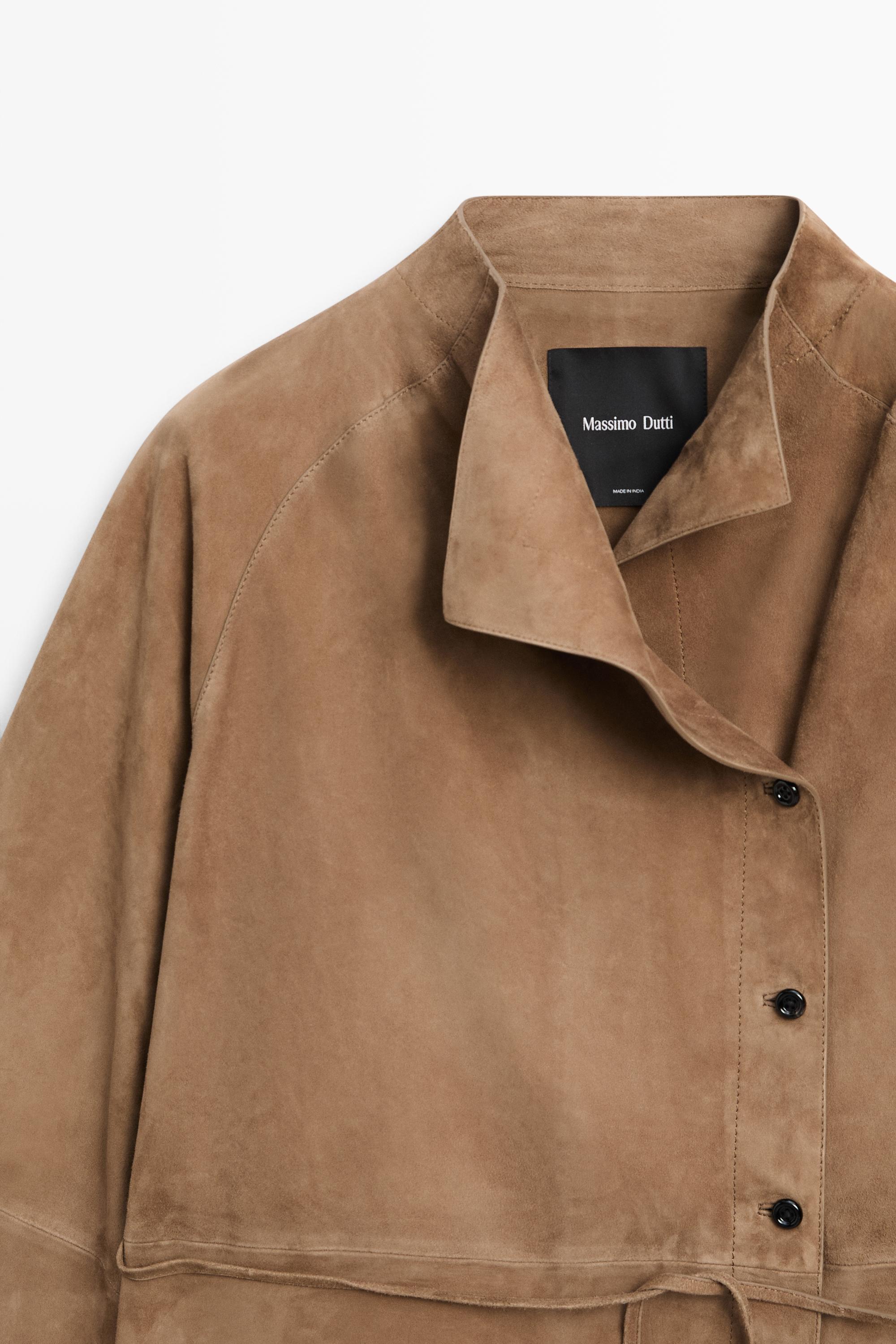 Suede leather jacket with drawstring — SAND