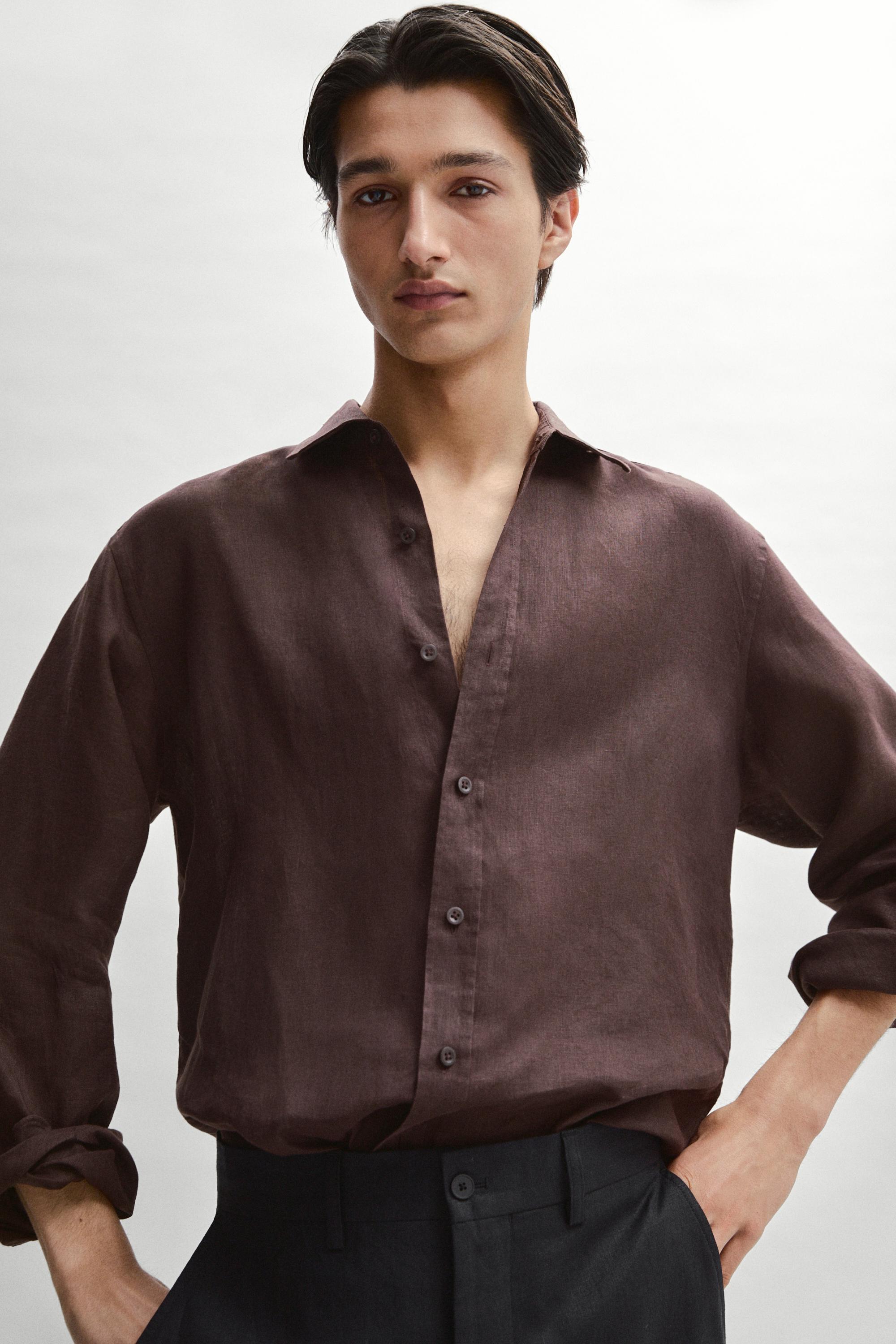 100% linen slim fit shirt — BURGUNDY