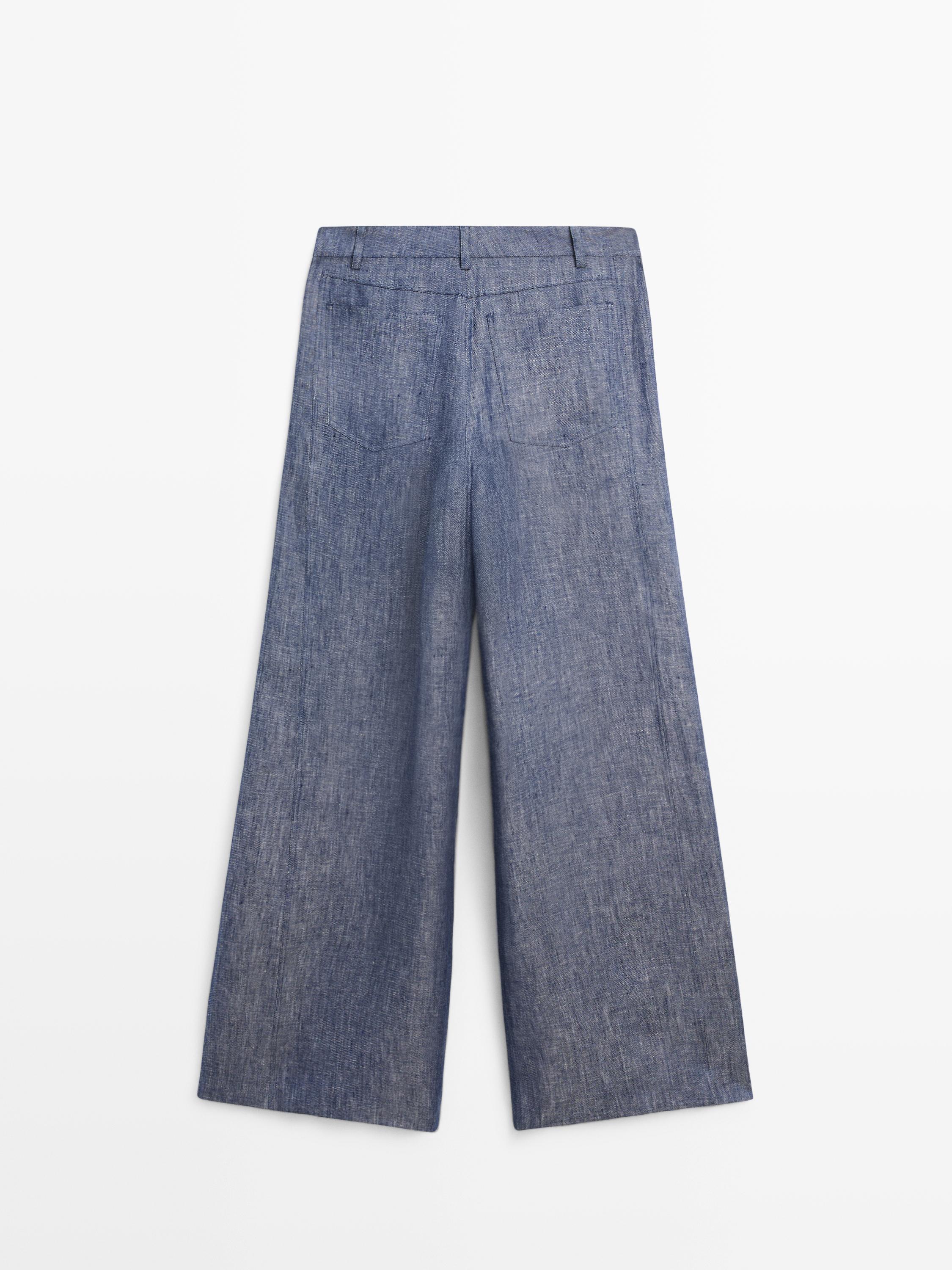 High-waist linen palazzo trousers — Dark Blue