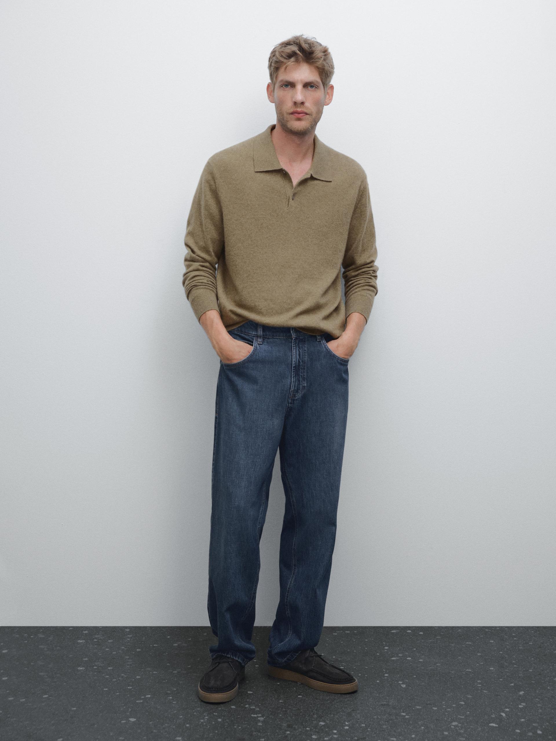 Rib Knit Polo 100% Cashmere - Kaki - Xl - Massimo Dutti - Homme
