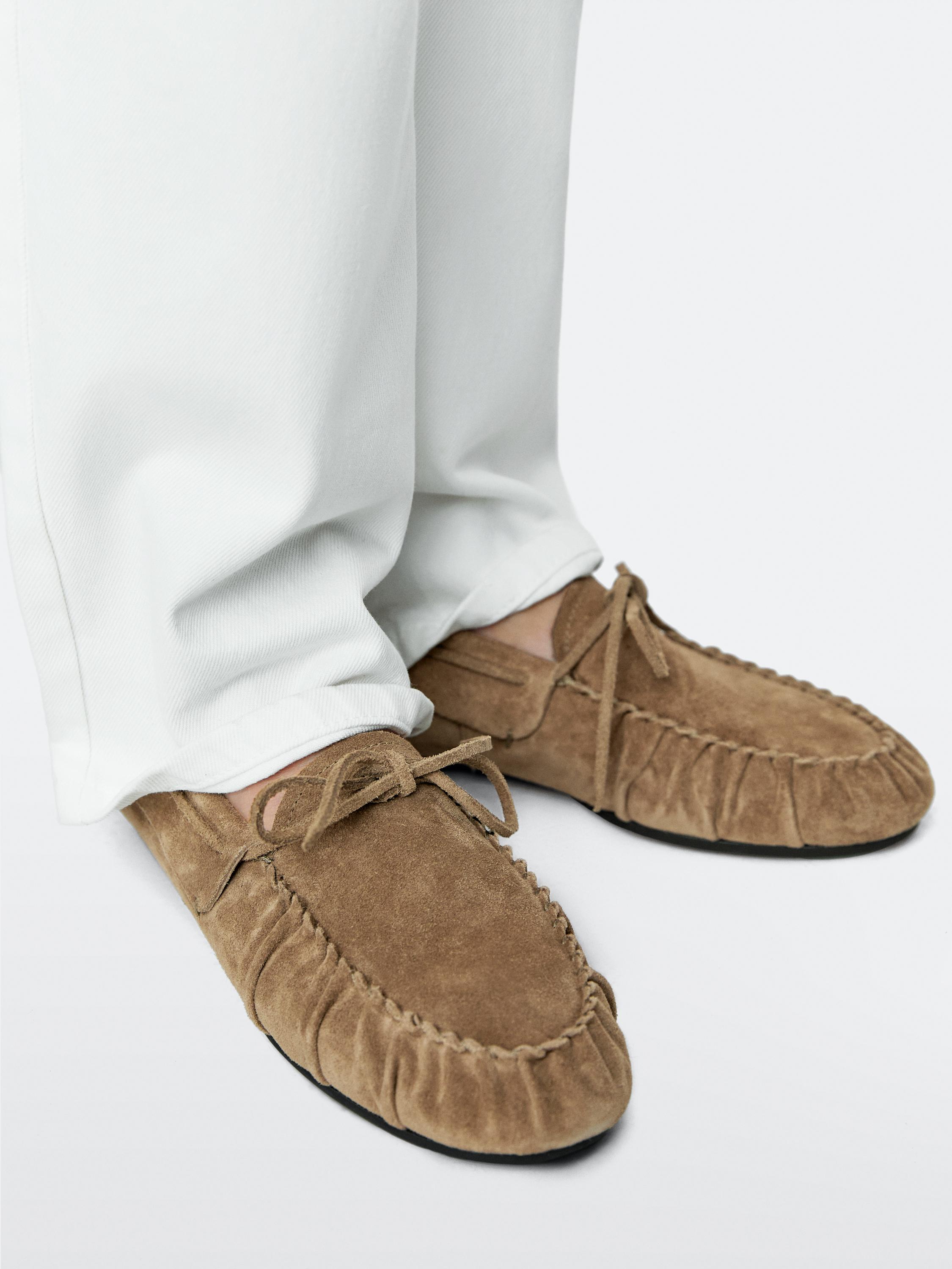 Soft leather loafers with gathered detail — MINK