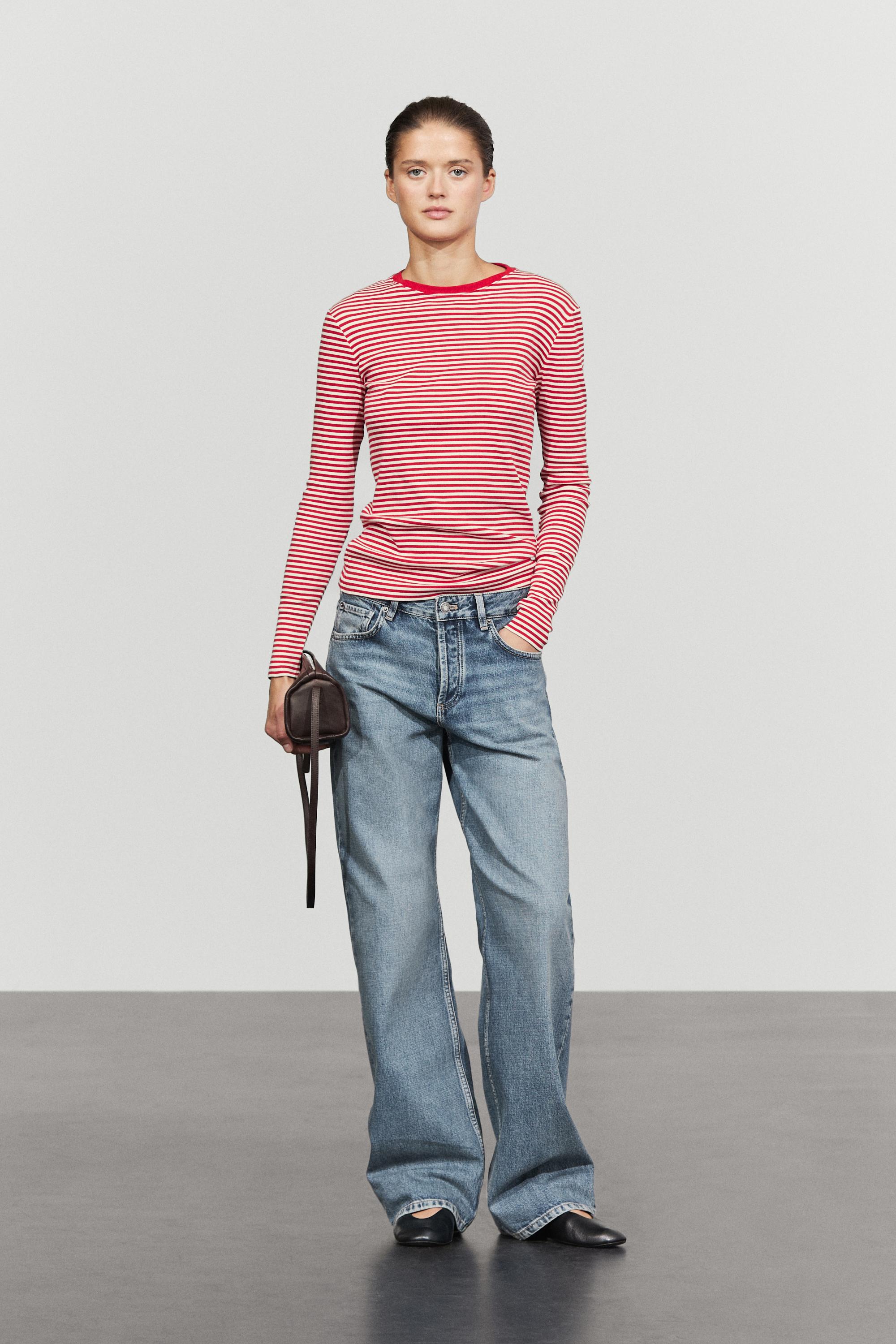 100% cotton long sleeve striped T-shirt — RED