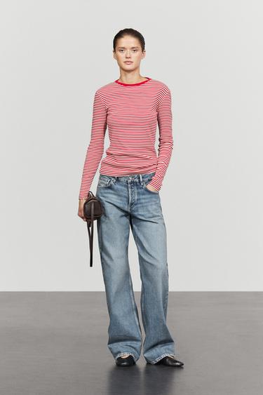 100% cotton long sleeve striped T-shirt — RED 8