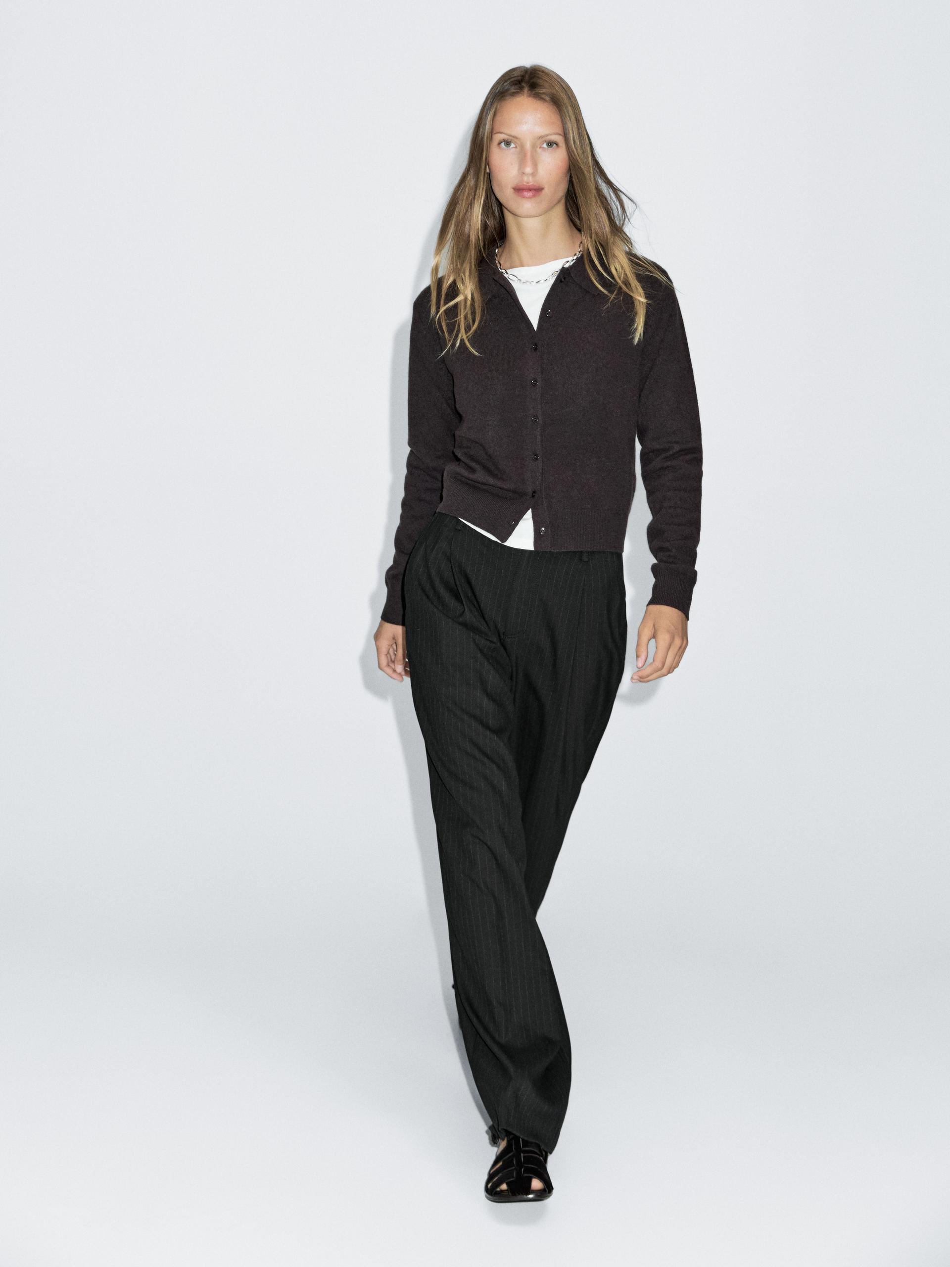 Pantalón Wide Leg Tiro Medio Raya Diplomática - Negro - 42 - Massimo Dutti - Mujer