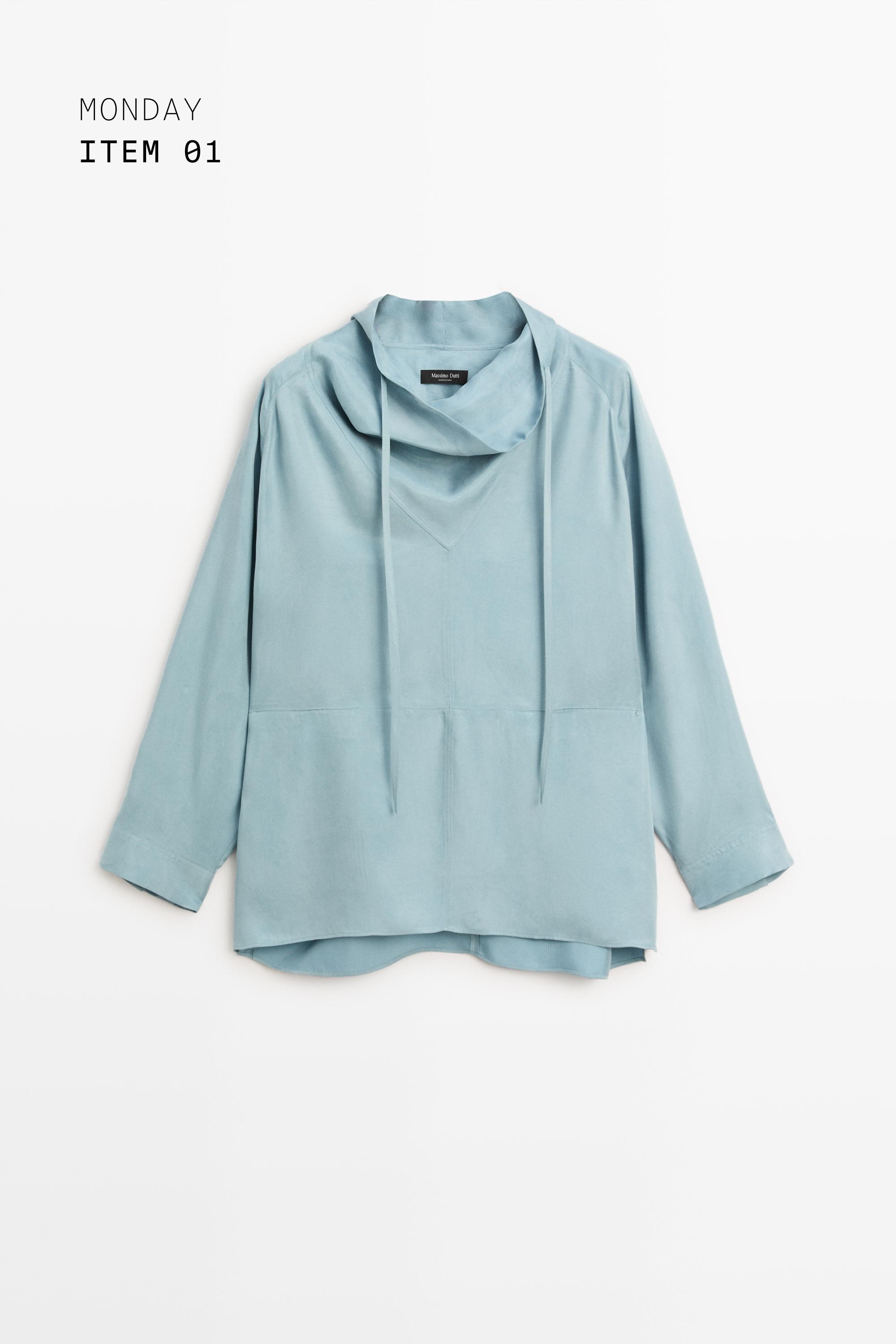 Flowing shirt with high collar and drawstring detail — GREY BLUE
