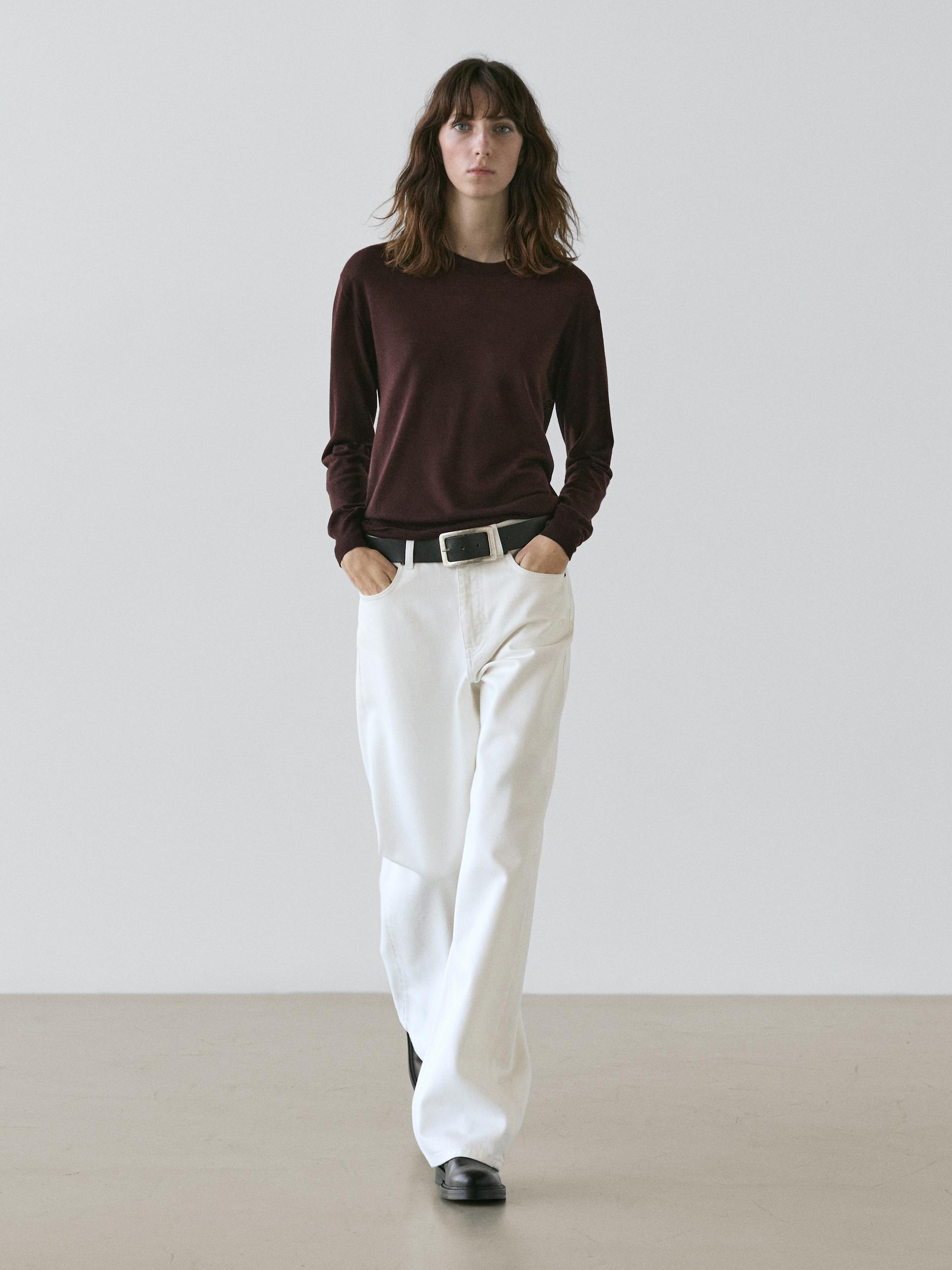 Camisola De Malha Fina Com Decote Redondo 100% De Lã - Café - M - Massimo Dutti - Mulher