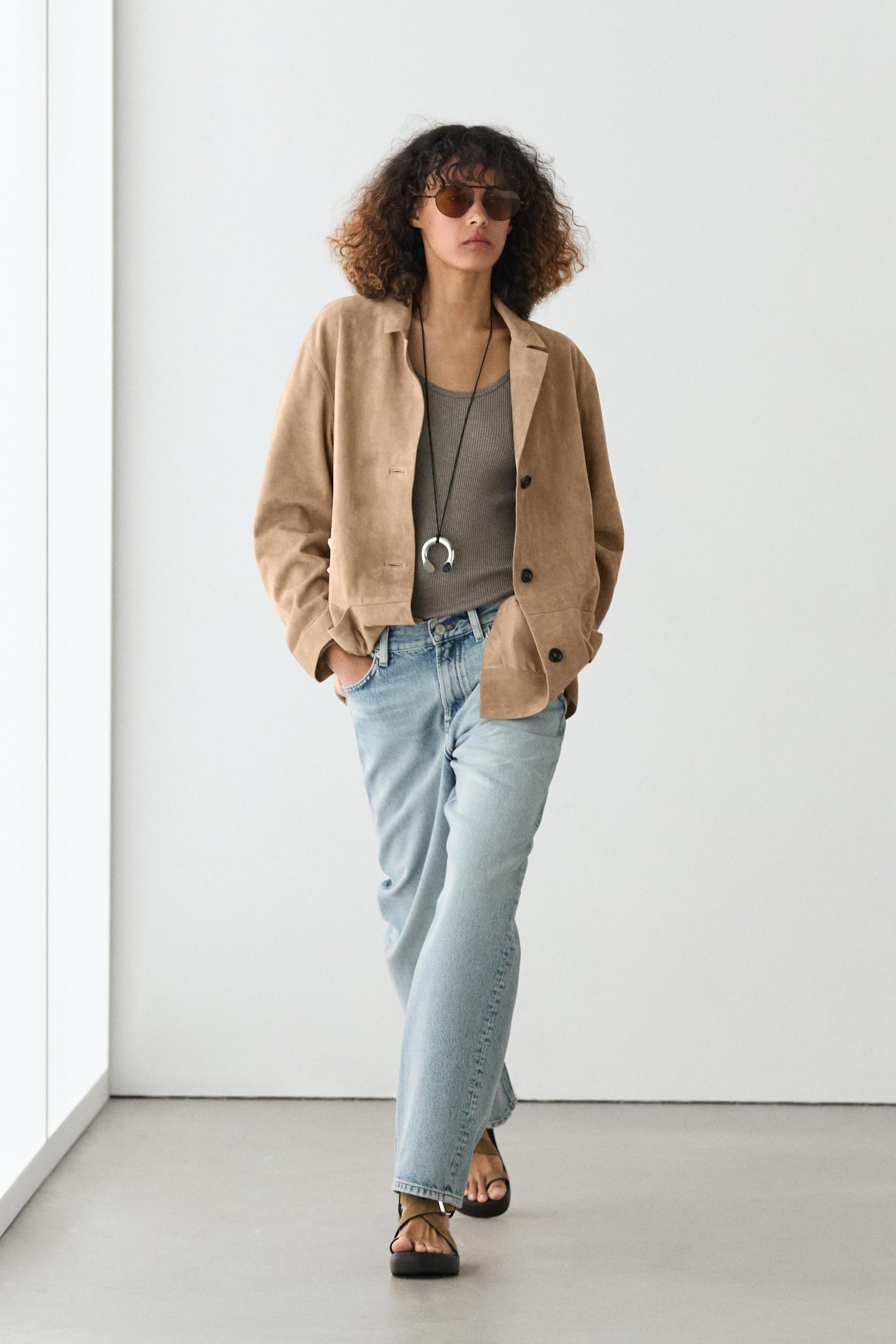 100% suede leather blazer with pocket details — SAND