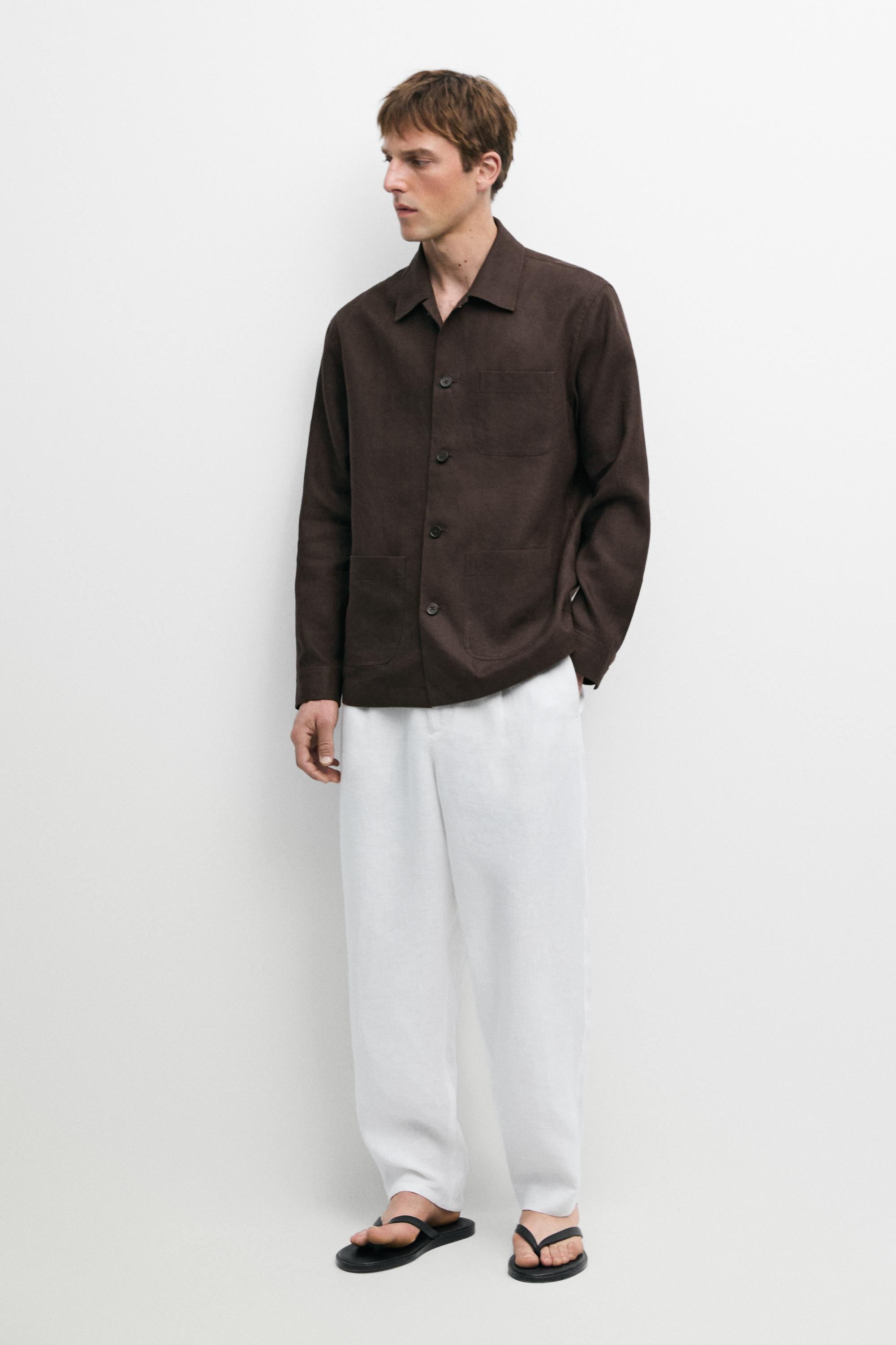Linen total look overshirt with pocket details — BROWN