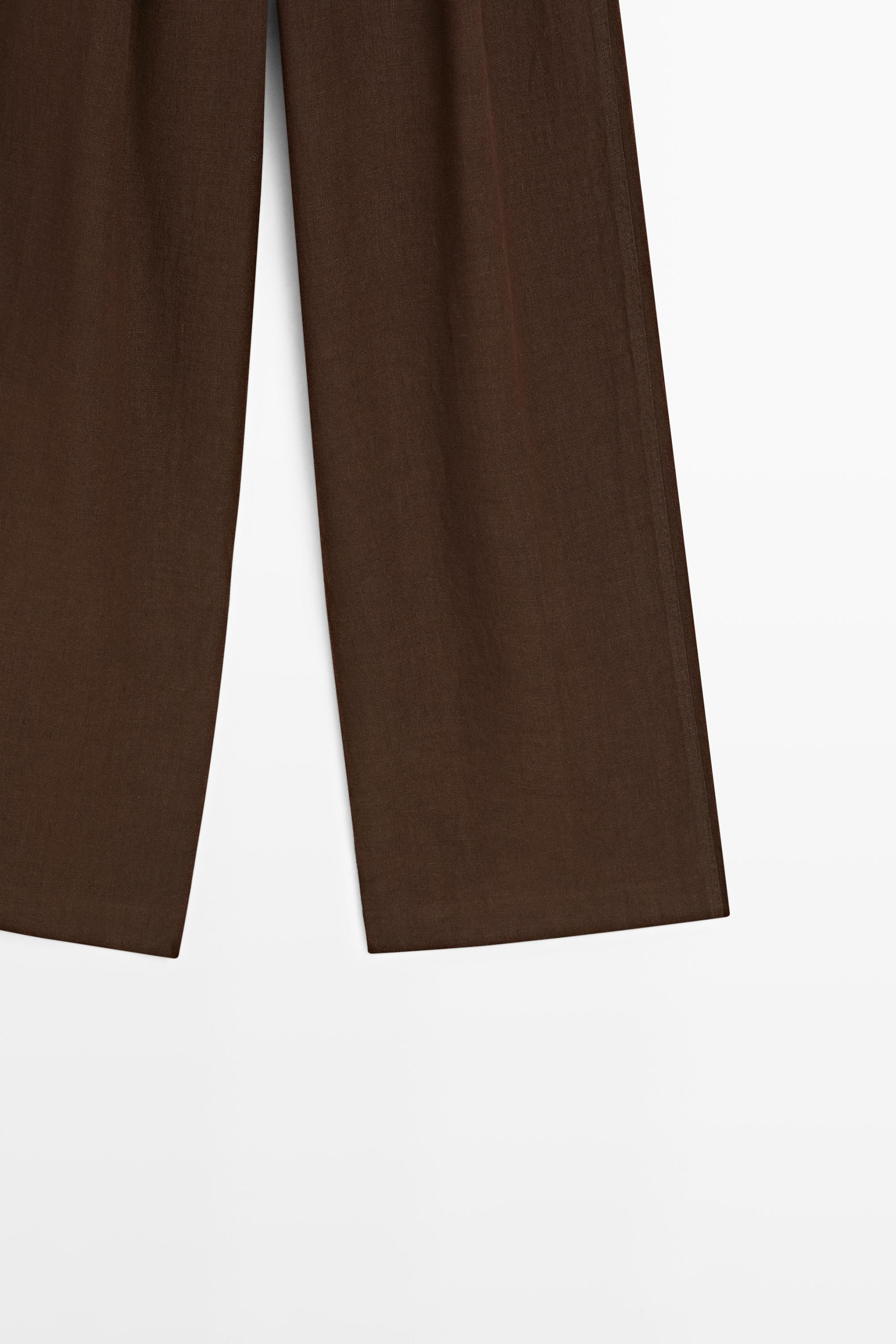 100% linen wide-leg pleated trousers — BROWN