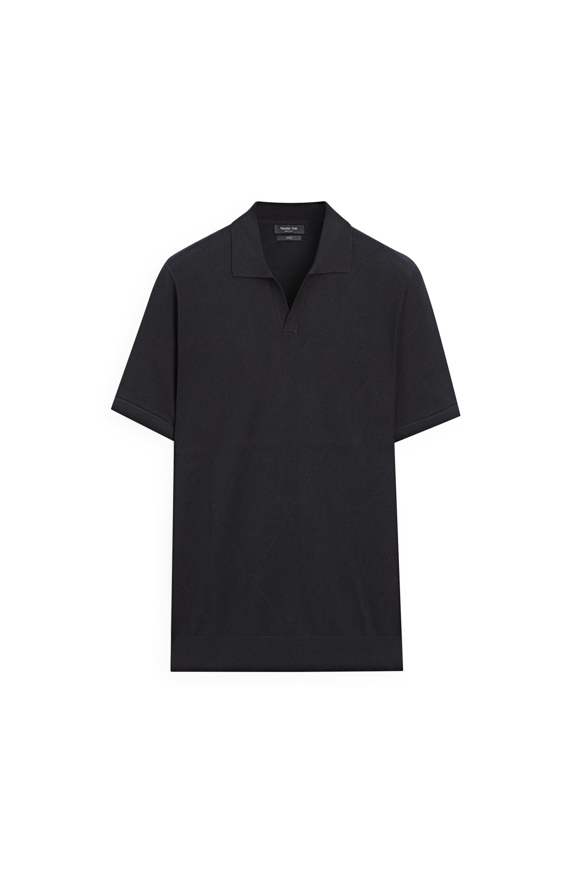 100% cotton intarsia knit polo shirt — NAVY BLUE