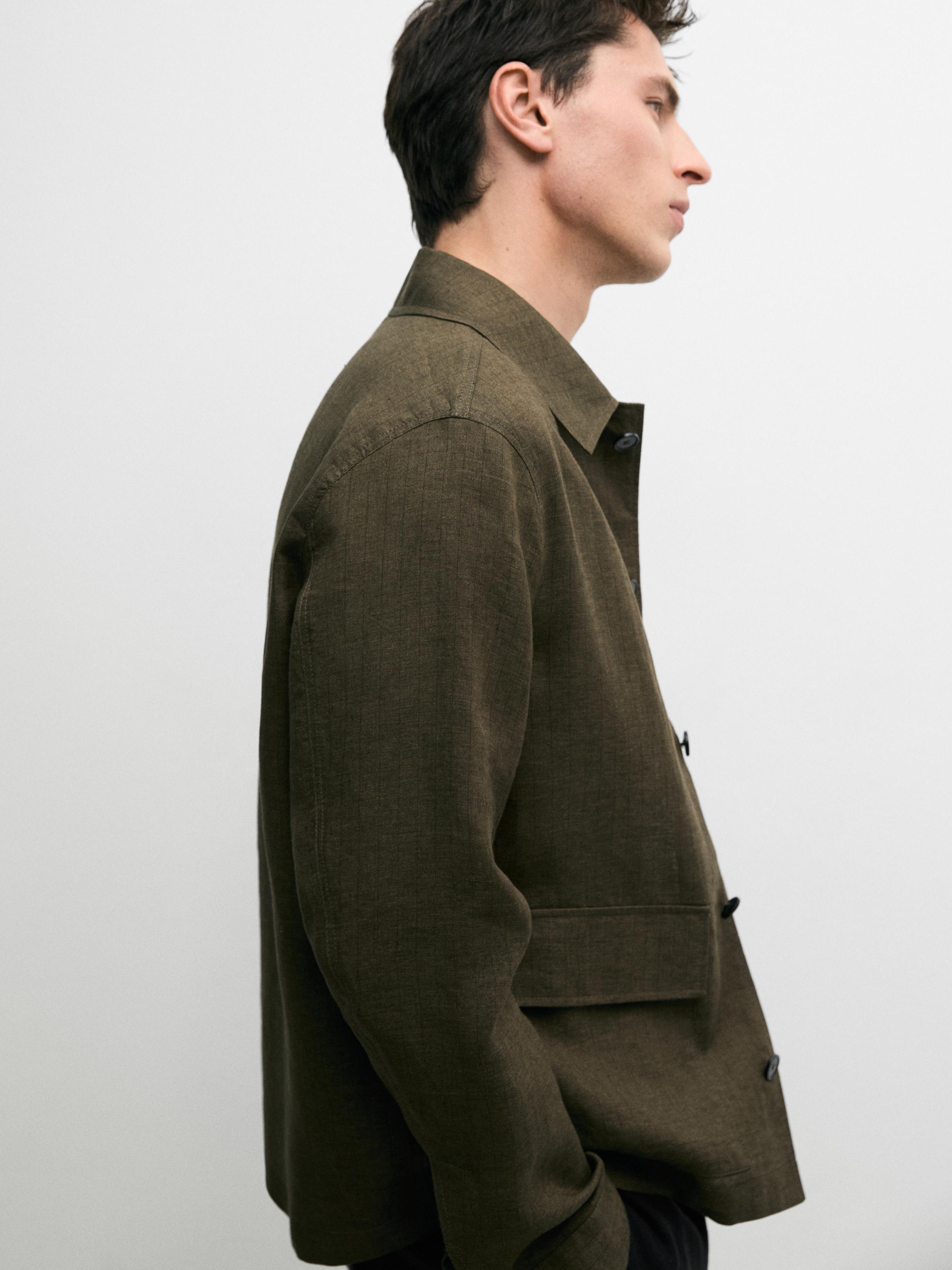 100% linen overshirt with pockets and striped detail — GREEN