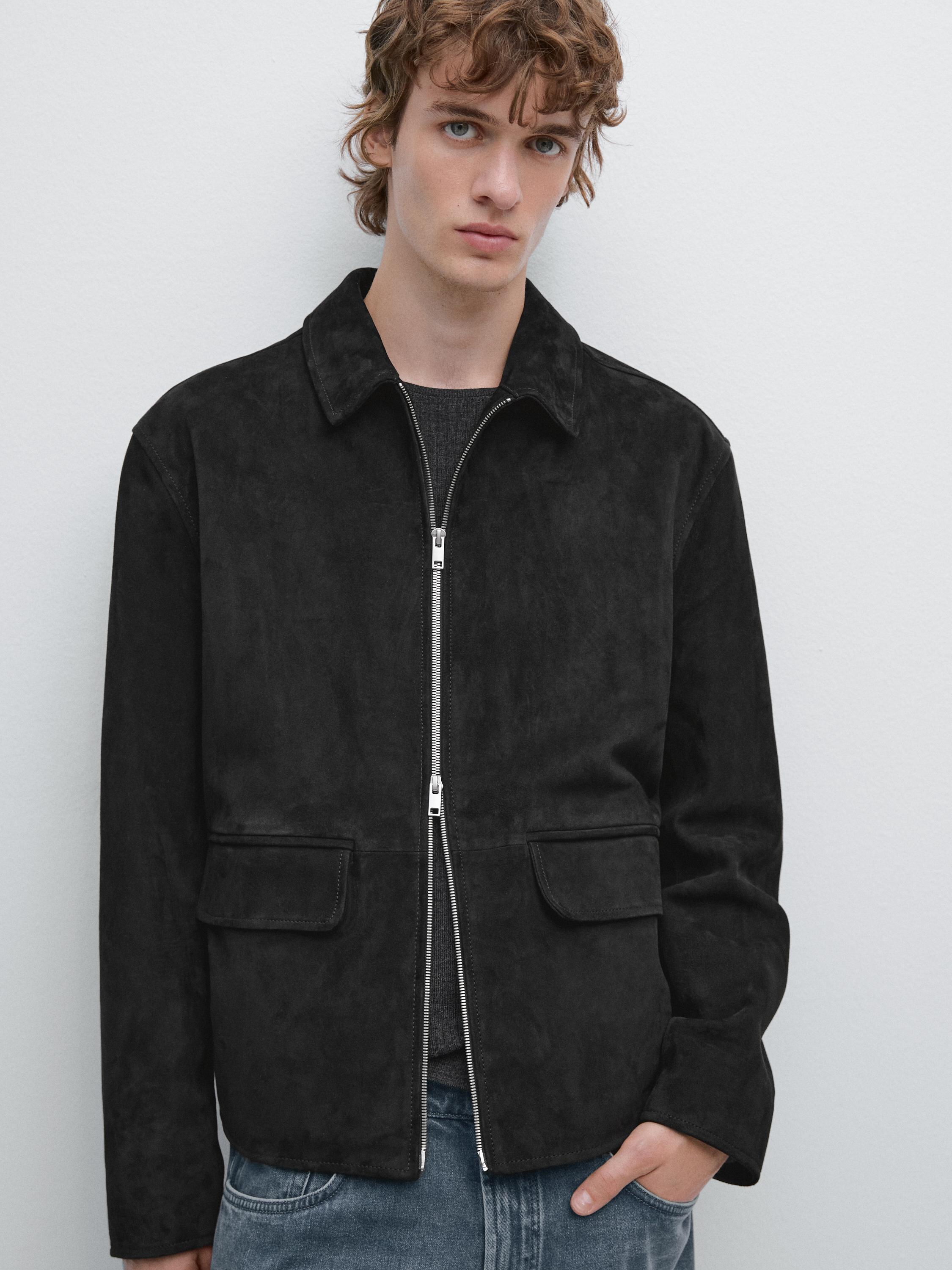 Suede leather zip-up jacket