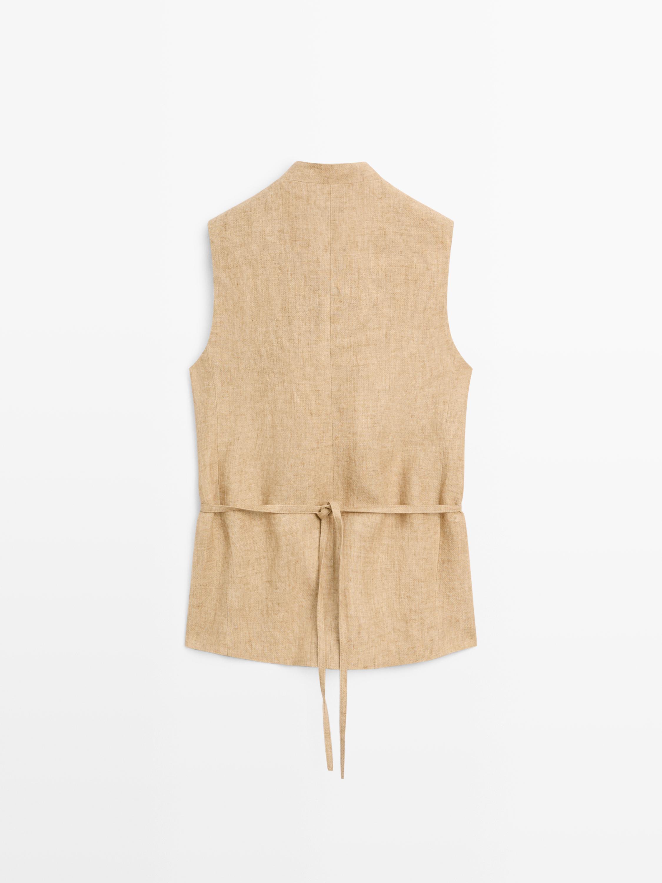 Linen waistcoat with crossover fastening — BEIGE