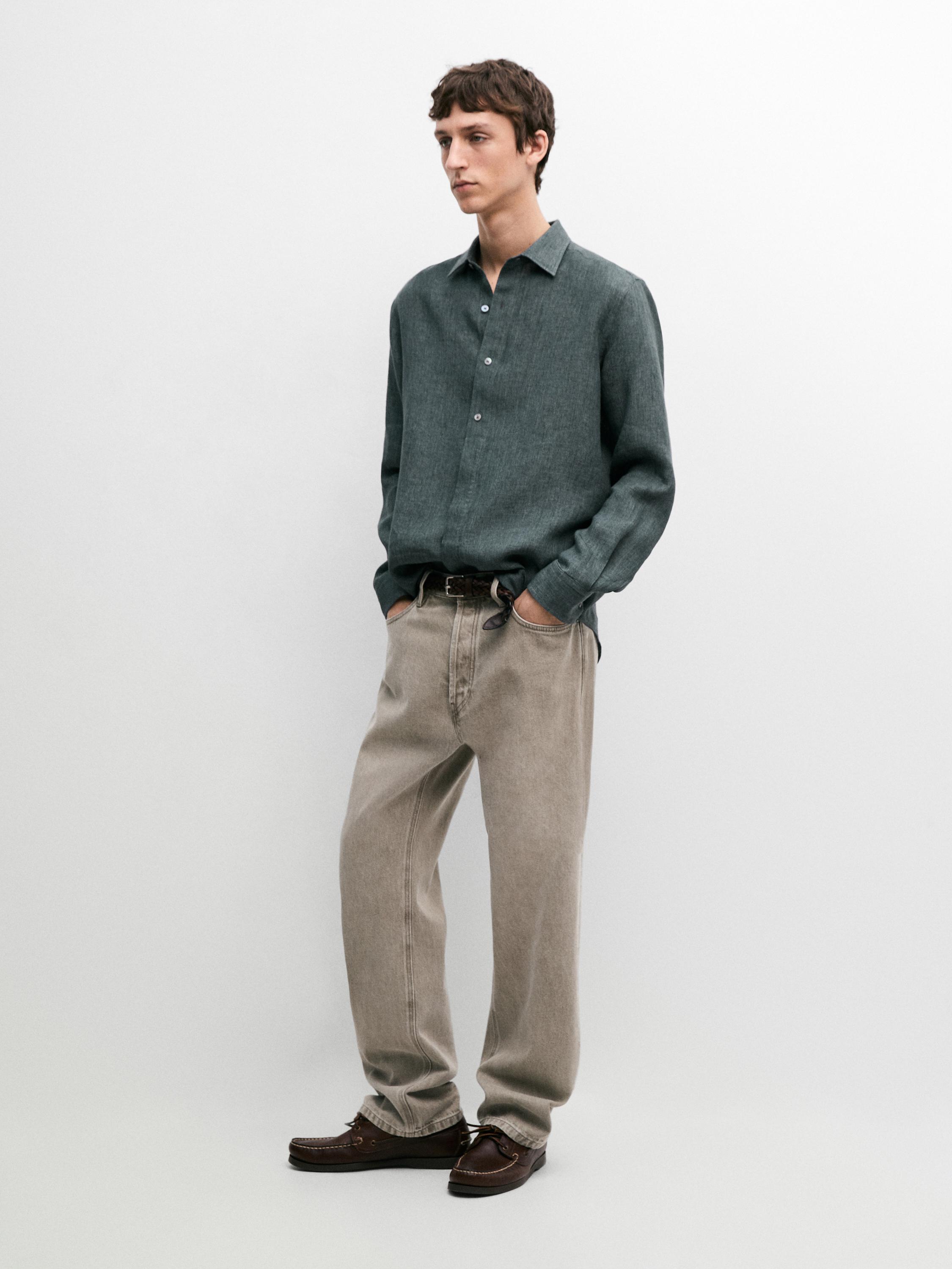 Regular fit linen shirt with placket — DARK BLUE
