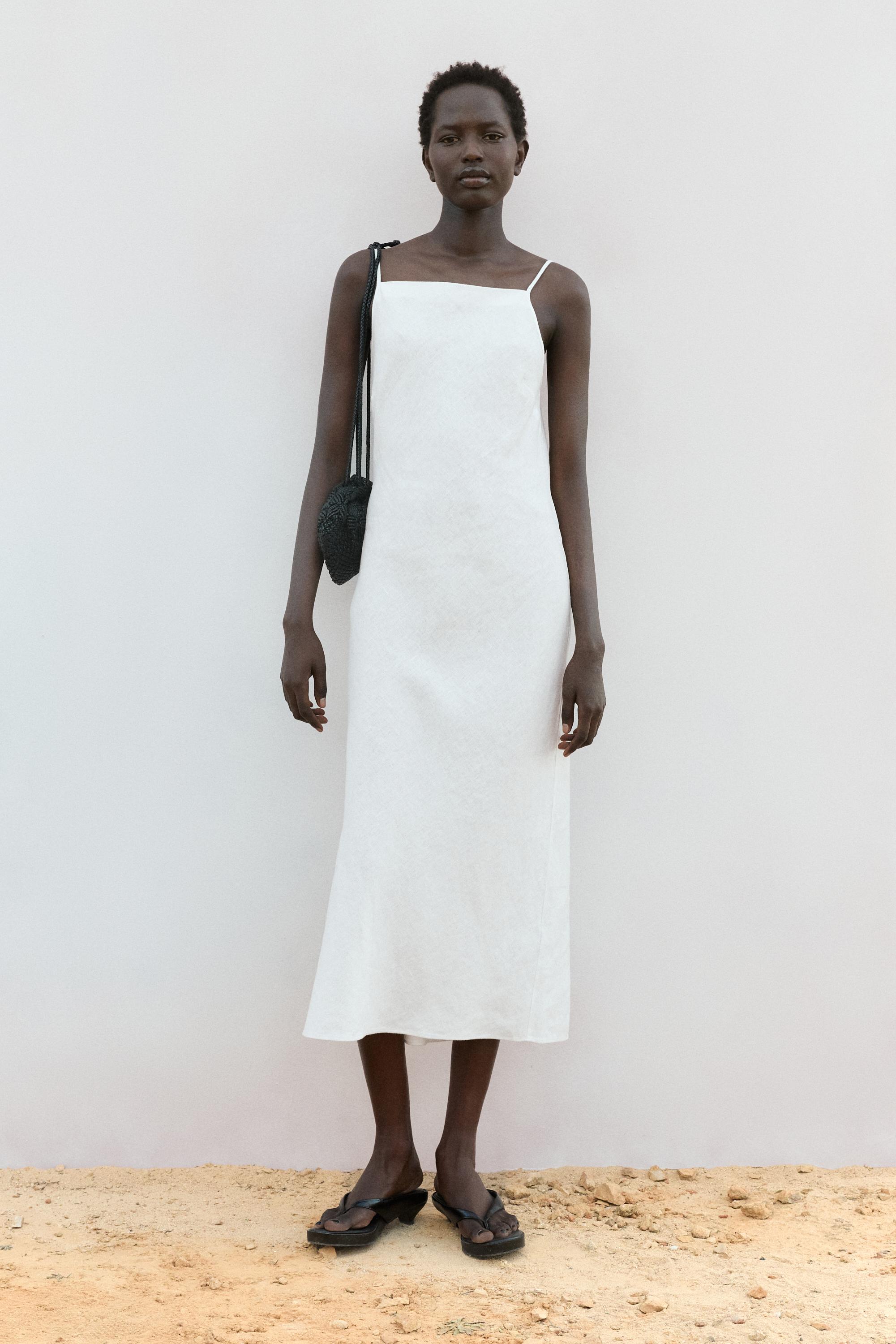 100% linen midi dress with straight neckline — WHITE