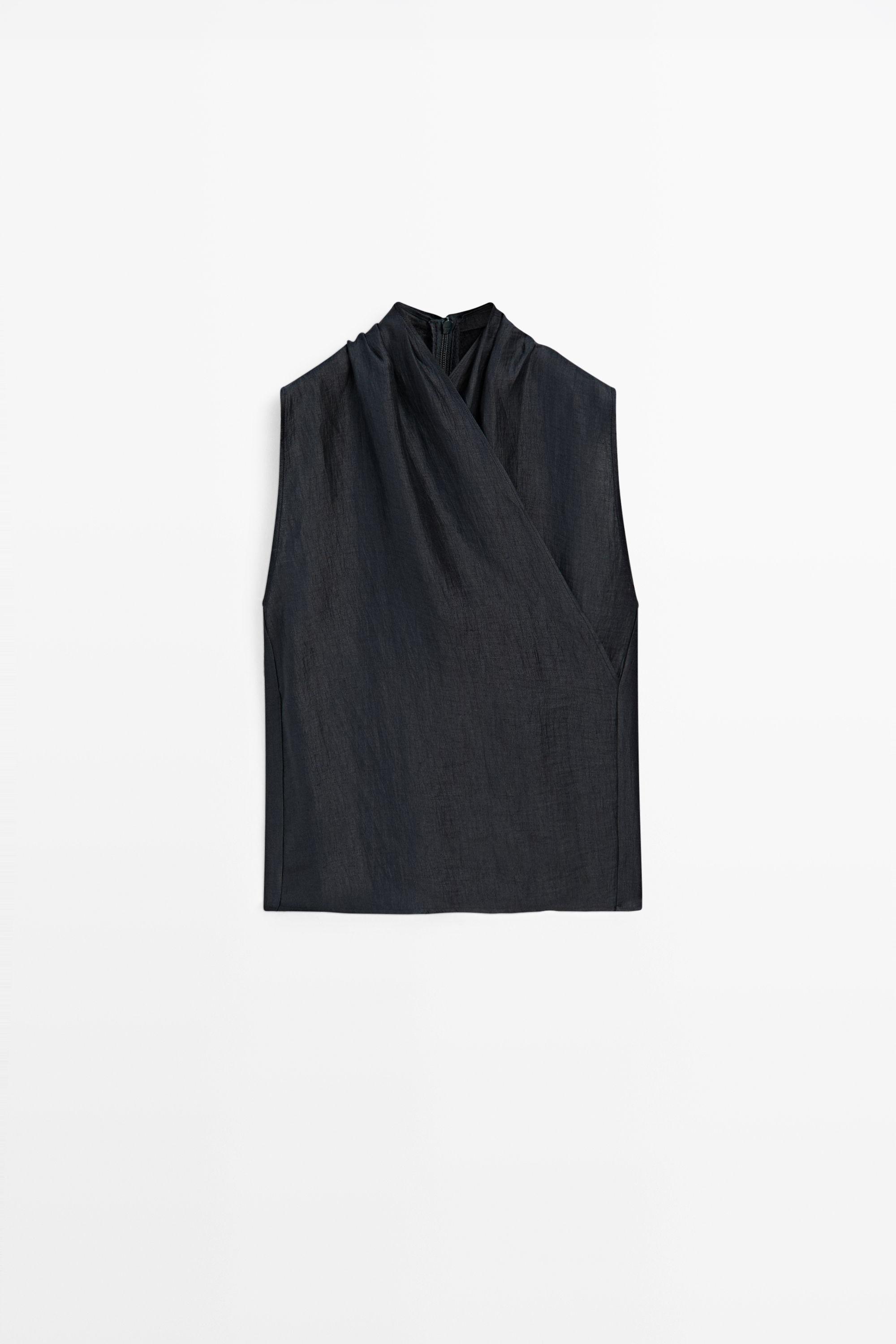 Linen blend sleeveless crossover top — NAVY BLUE
