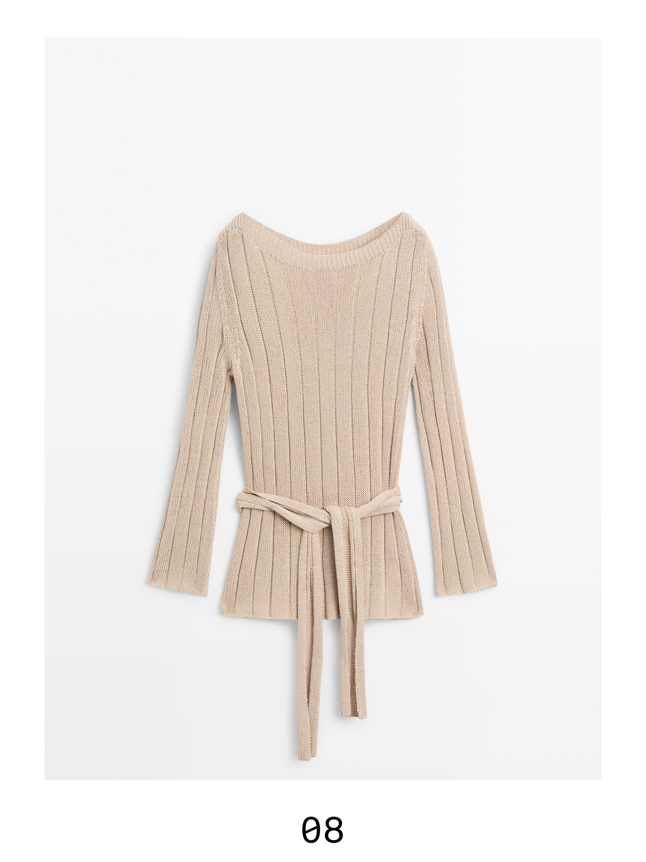 Cotton blend knit boat neck sweater — BEIGE