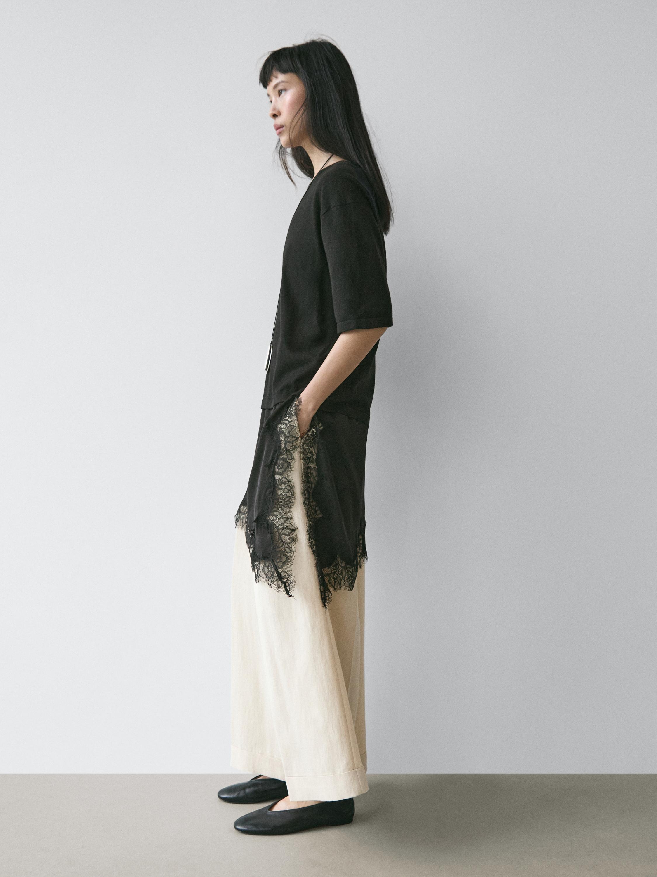 Sweater with contrast lace detail — BLACK