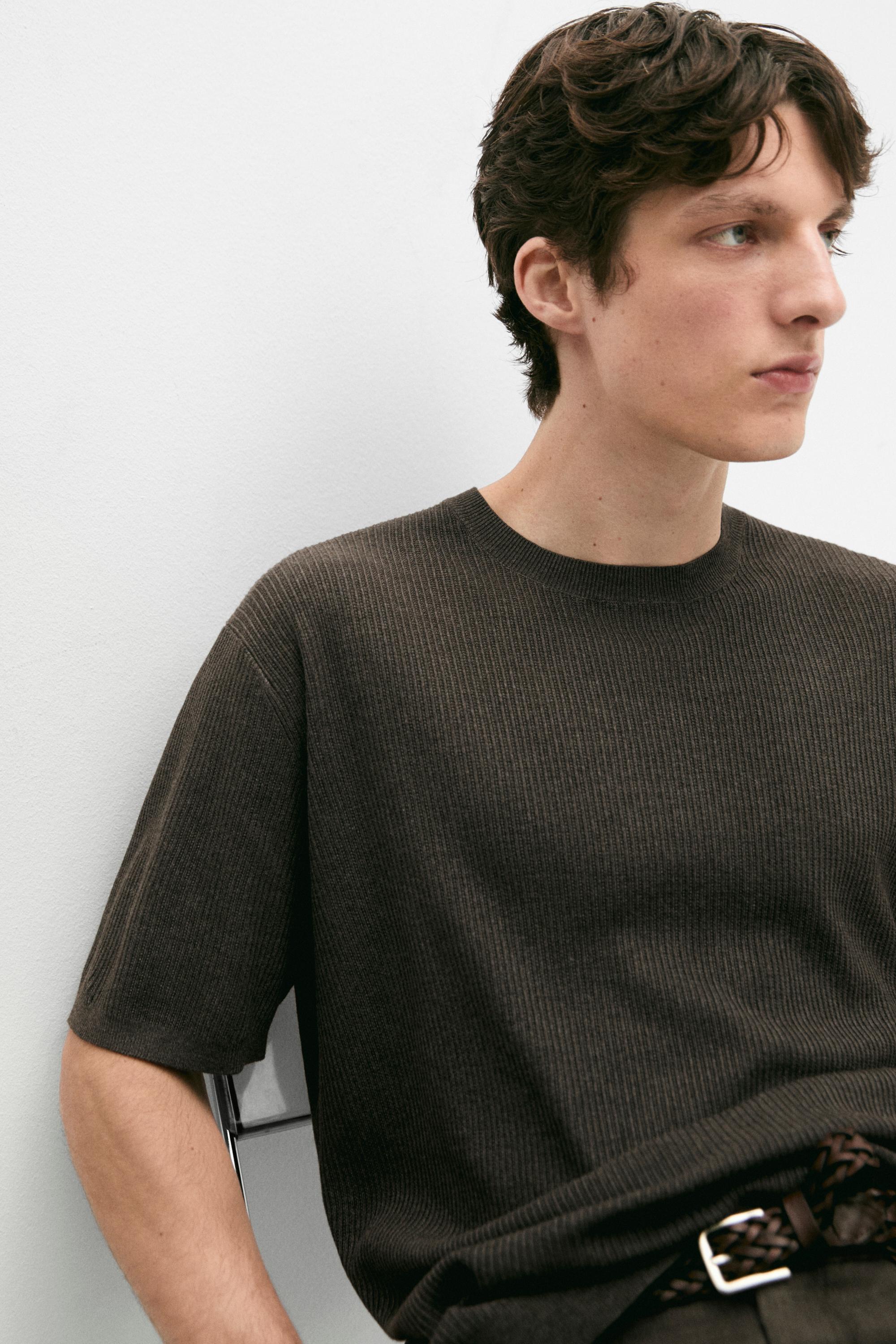 Short sleeve knit cotton blend sweater — CHARCOAL