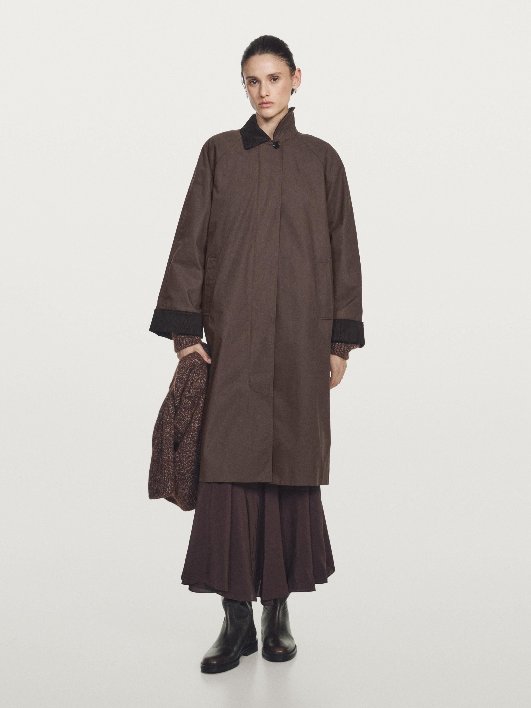 Long waxed parka with corduroy detail