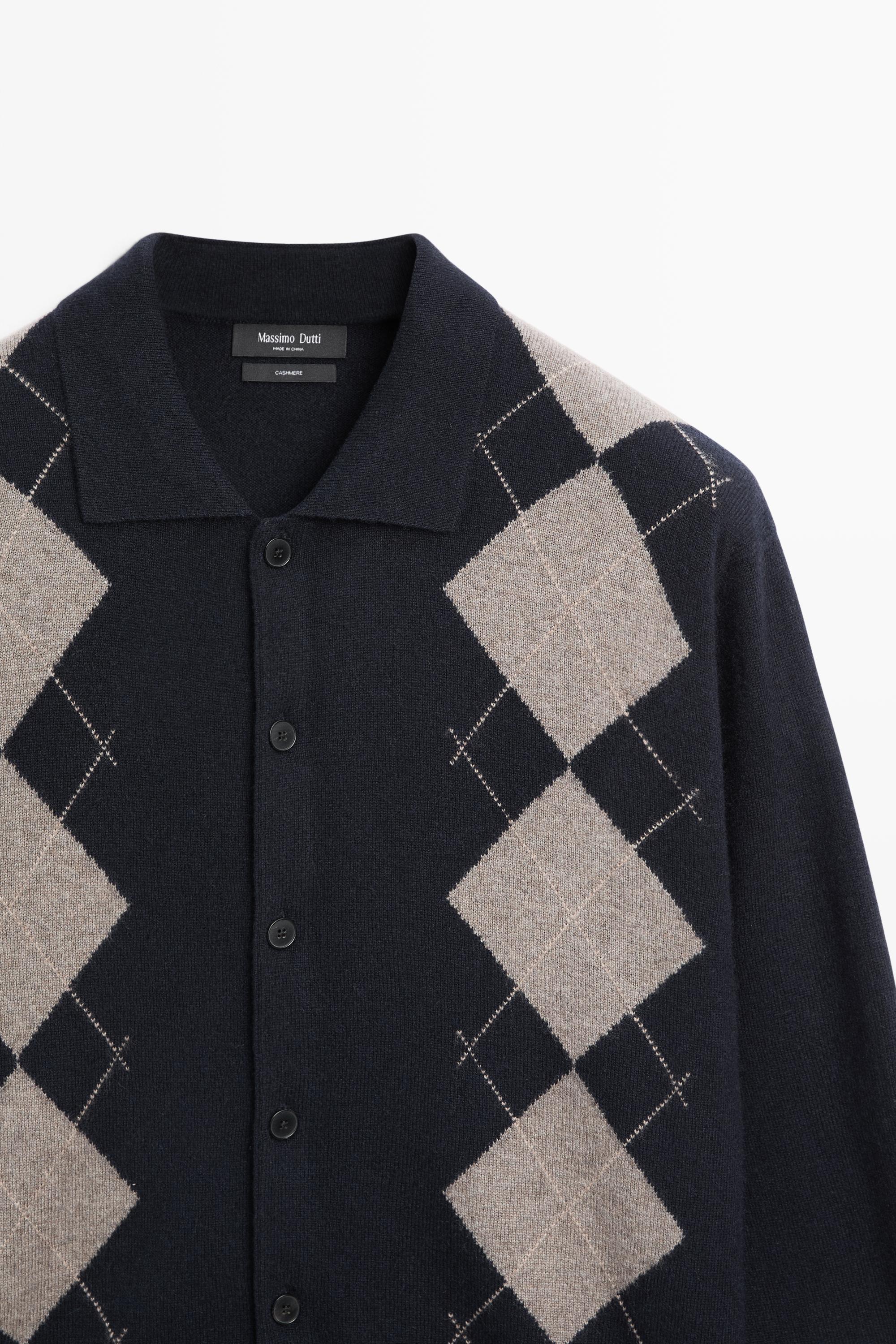 100% cashmere argyle knit cardigan — NAVY BLUE