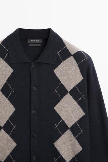 100% cashmere argyle knit cardigan — NAVY BLUE 4