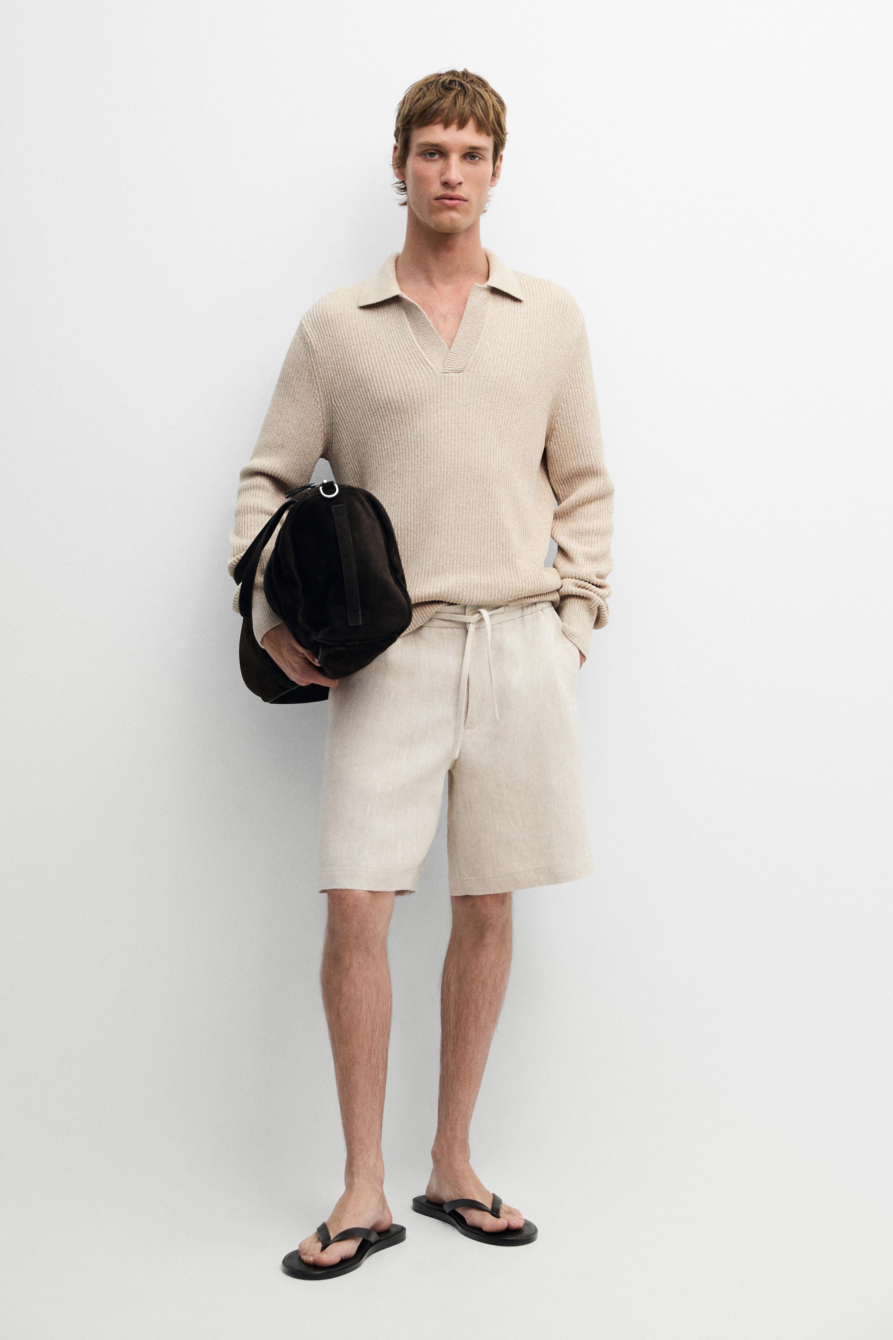 Linen Bermuda shorts with elasticated waistband — CREAM